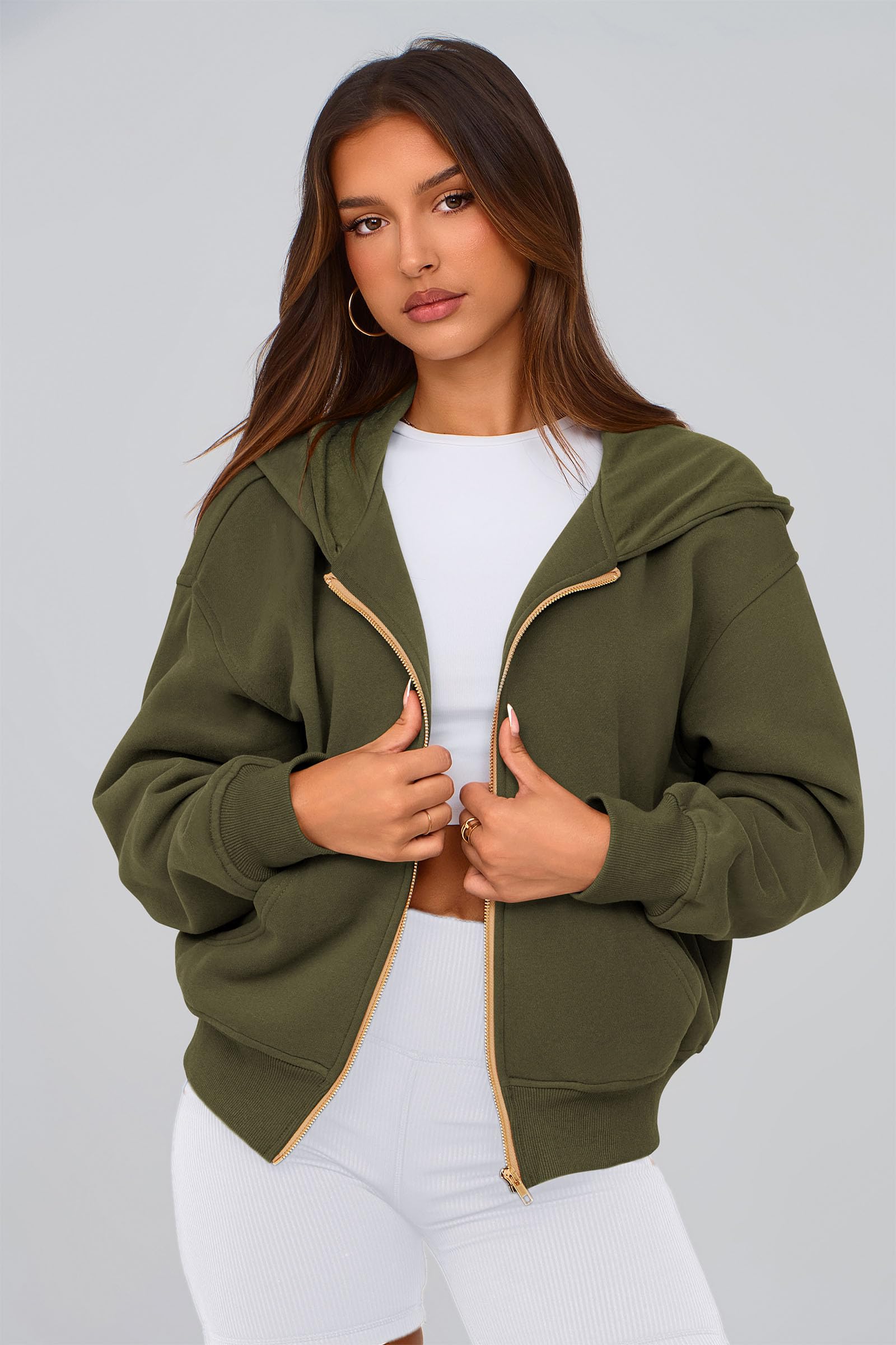 Hoodies for Women Fall Fashion Zip Up Fleece Plain Sweatshirt