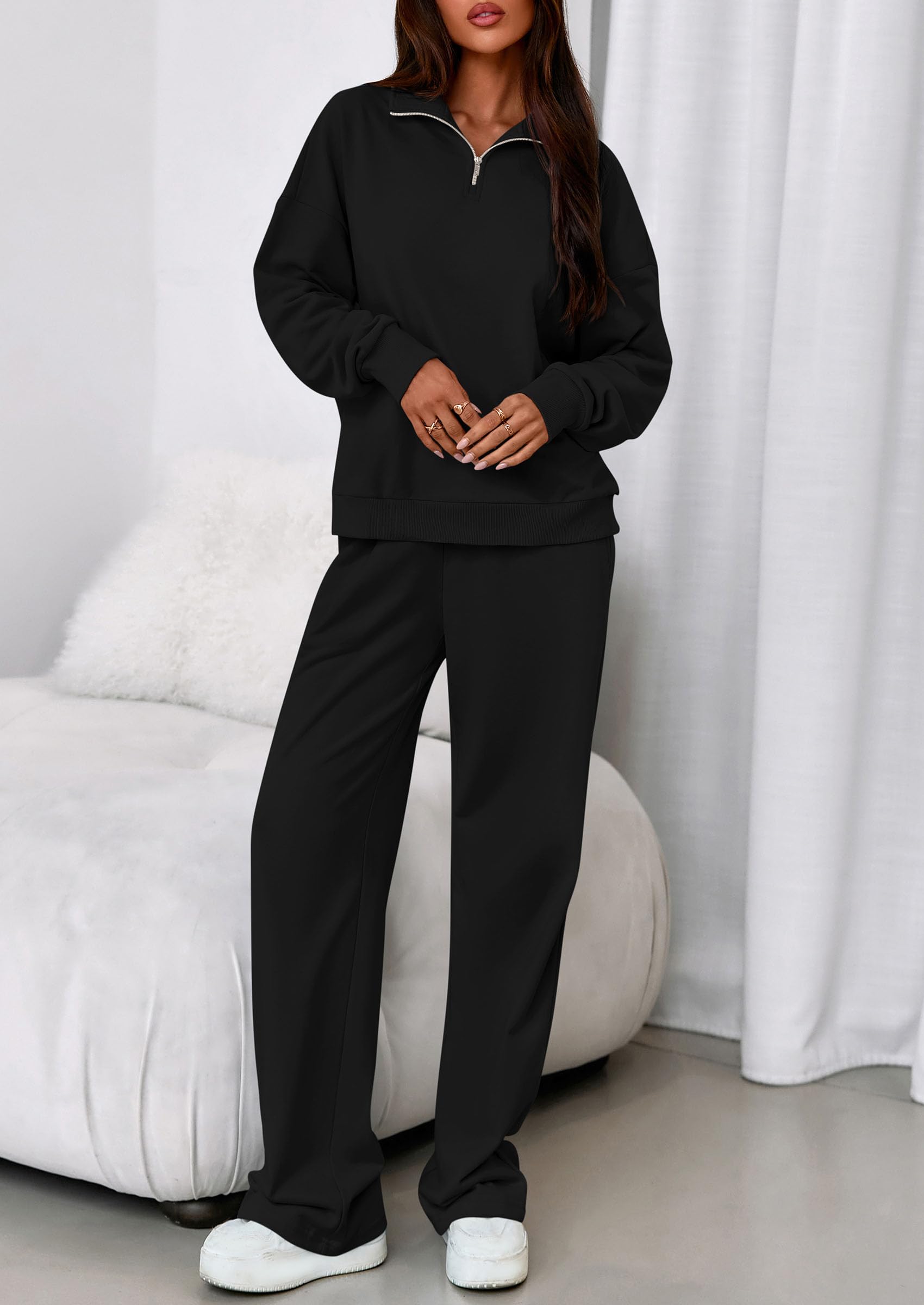 Womens 2 Piece Outfits Matching Lounge Sets,Black,S