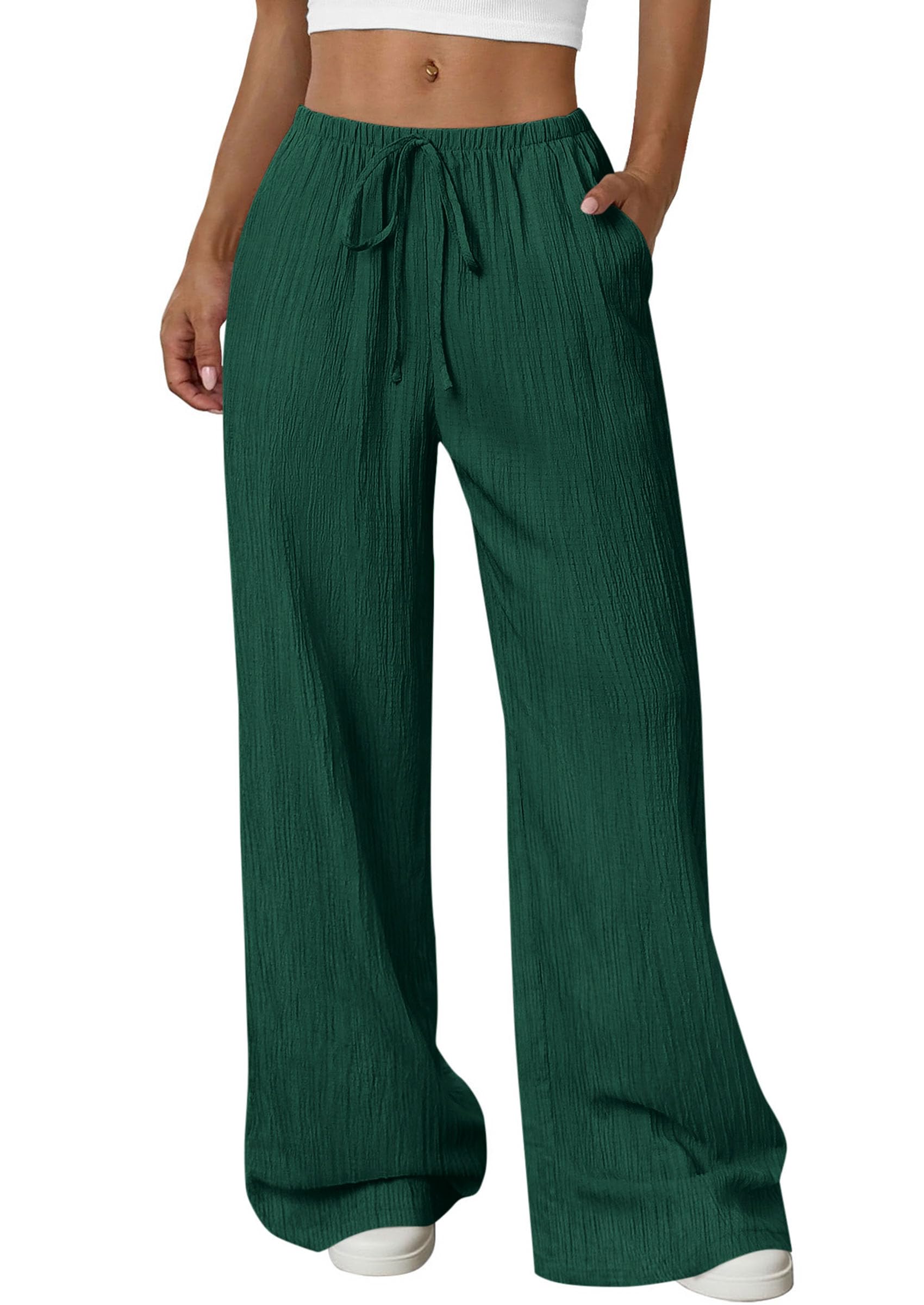 Women's Palazzo Pants Casual Wide Leg Trousers,Dark Green,S