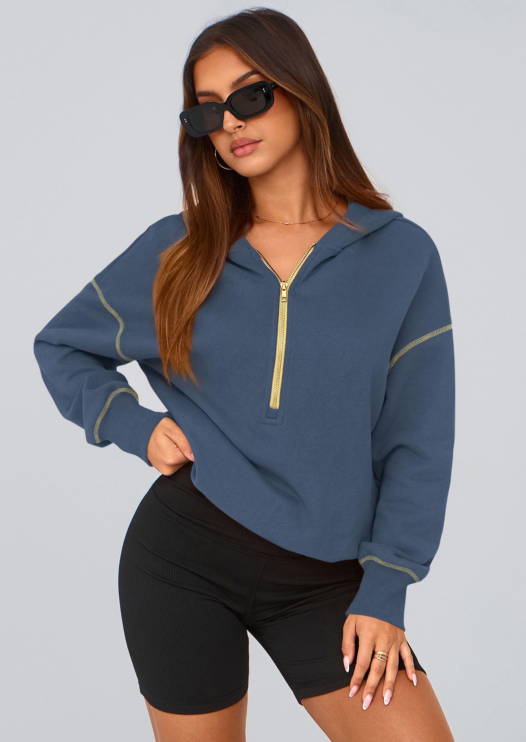 Women's Fall Half Zip Cropped Hoodie Sweatshirt Grey Blue