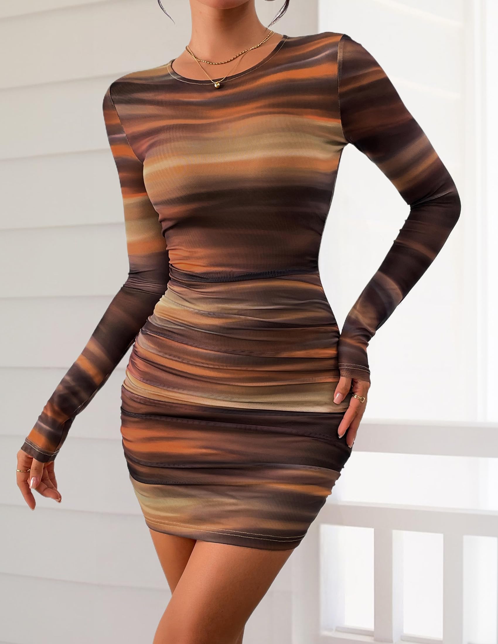 Mesh Mini Dresses for Women Long Sleeve Brown Floral,L
