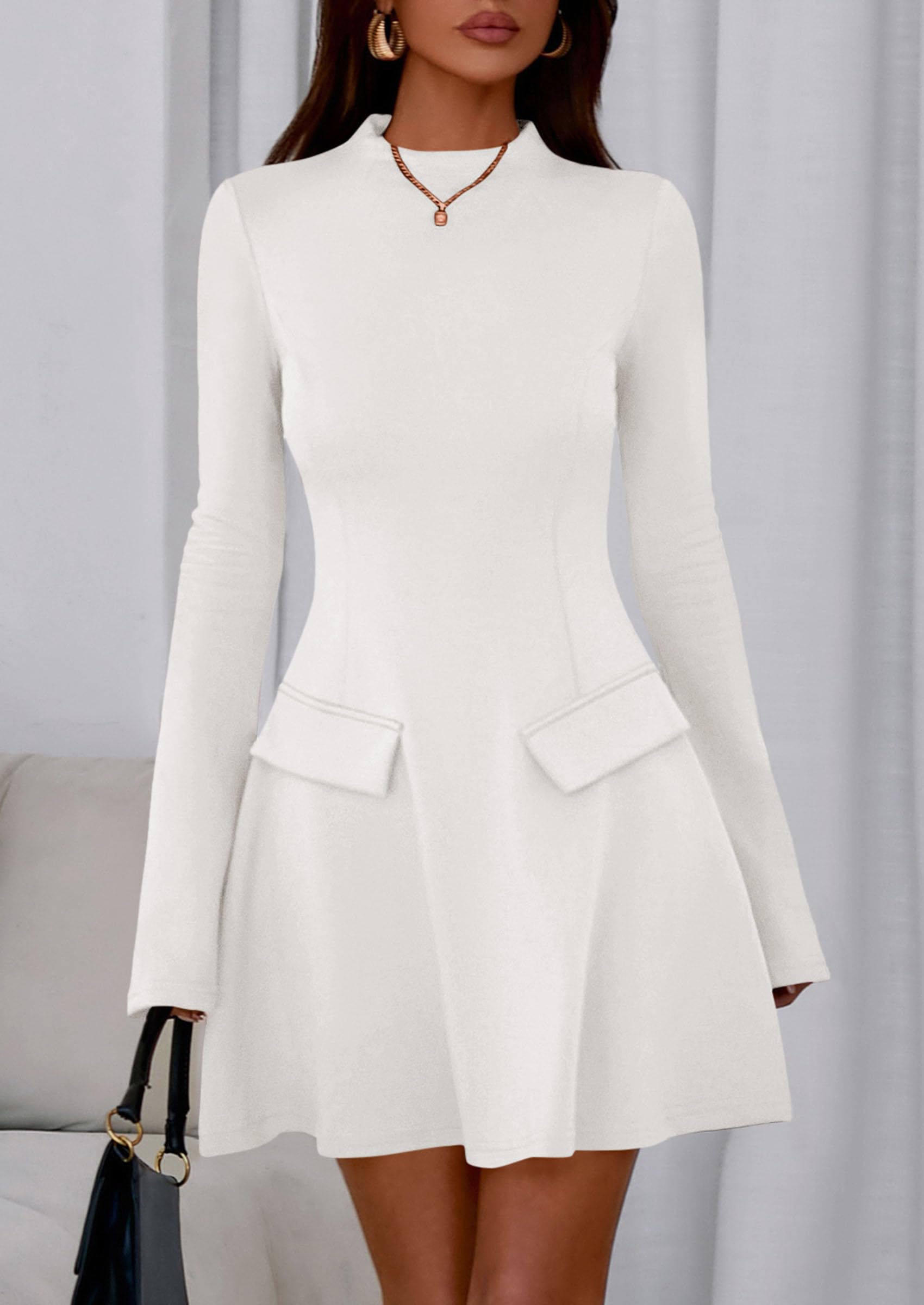 Women's Fall Bell Sleeve Short Dress,White,XS