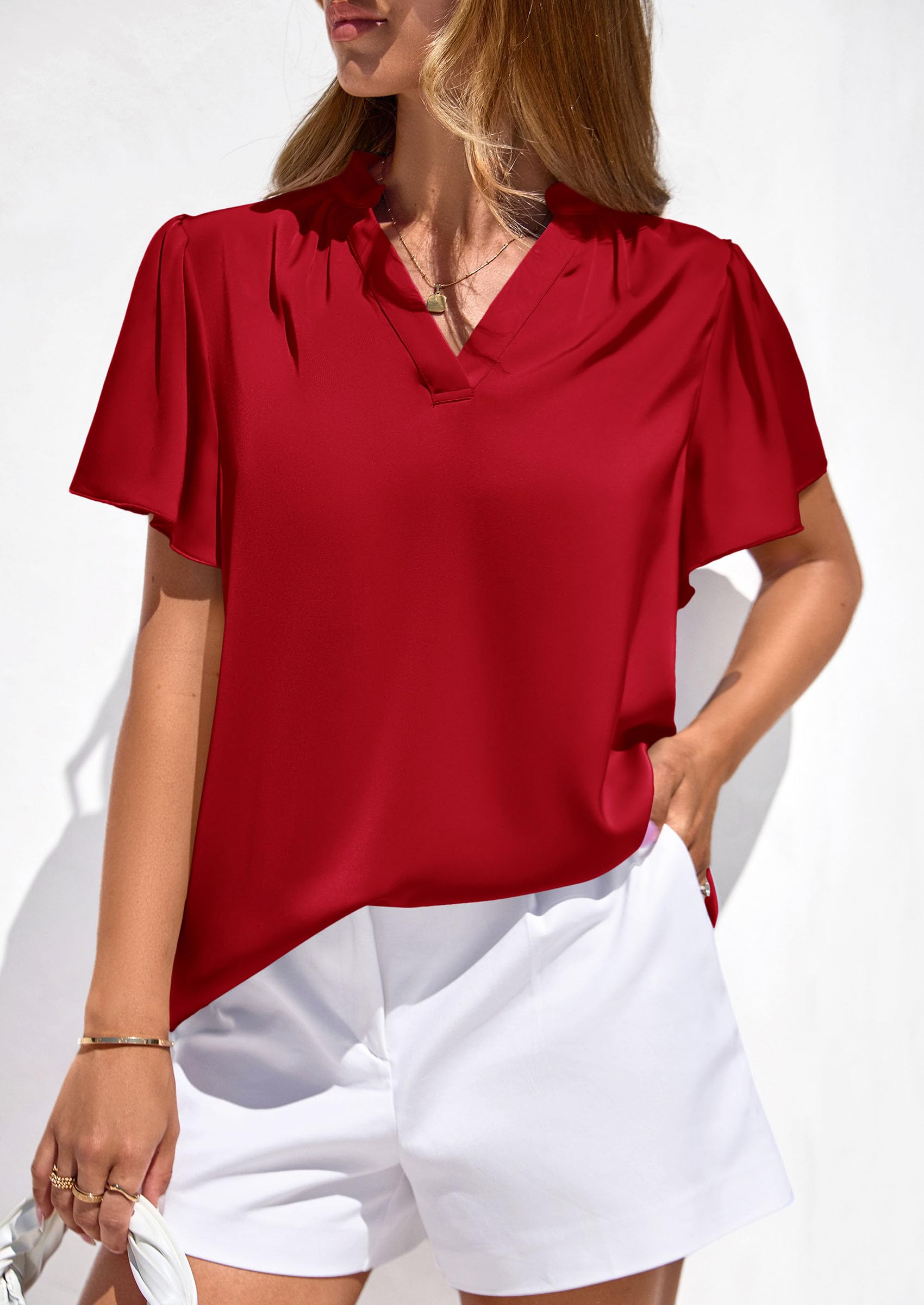 Women's Summer Satin Dressy Casual Blouses (Red,S)