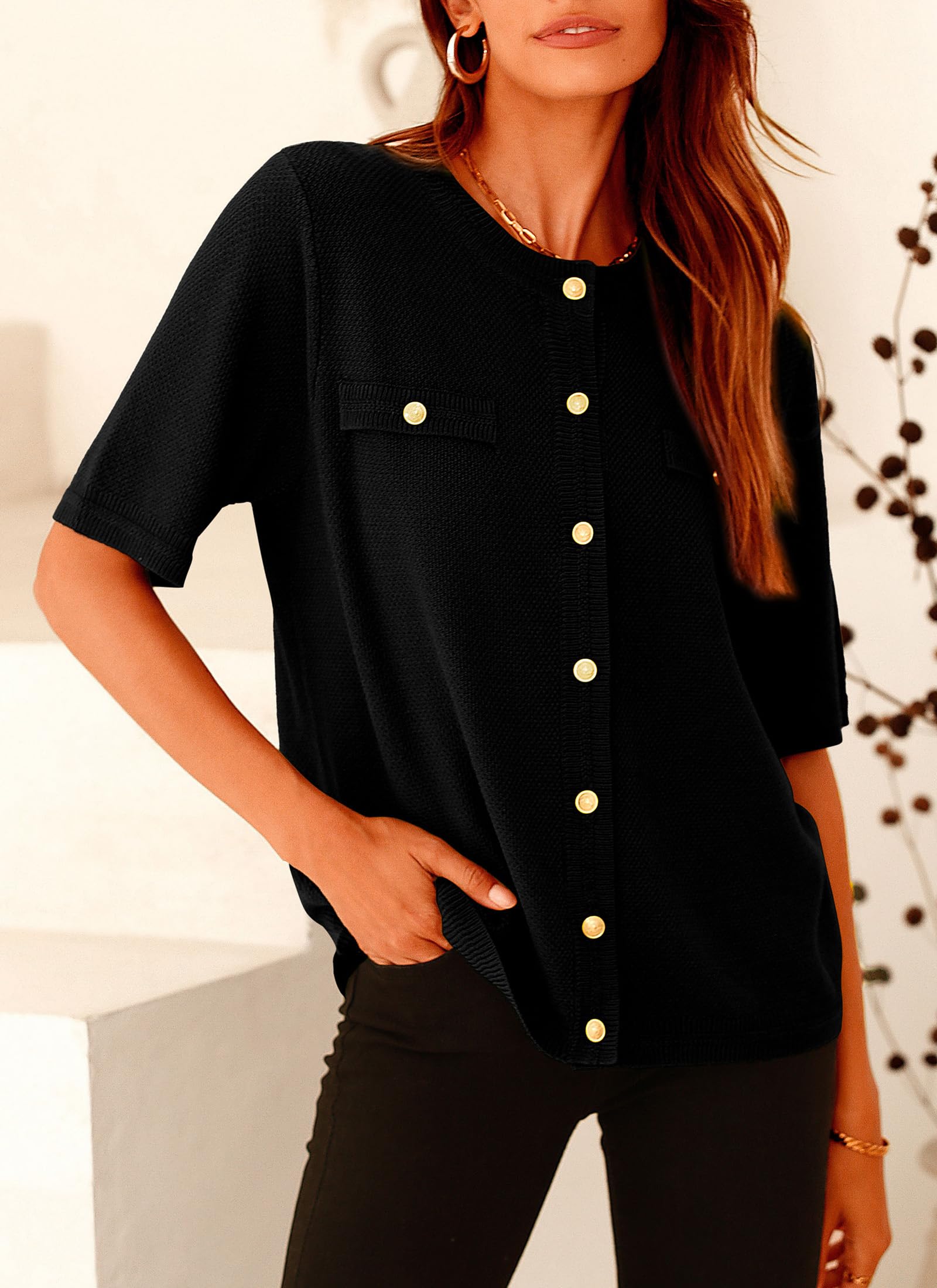Women's Summer Casual Button Down Shirts Black,Small