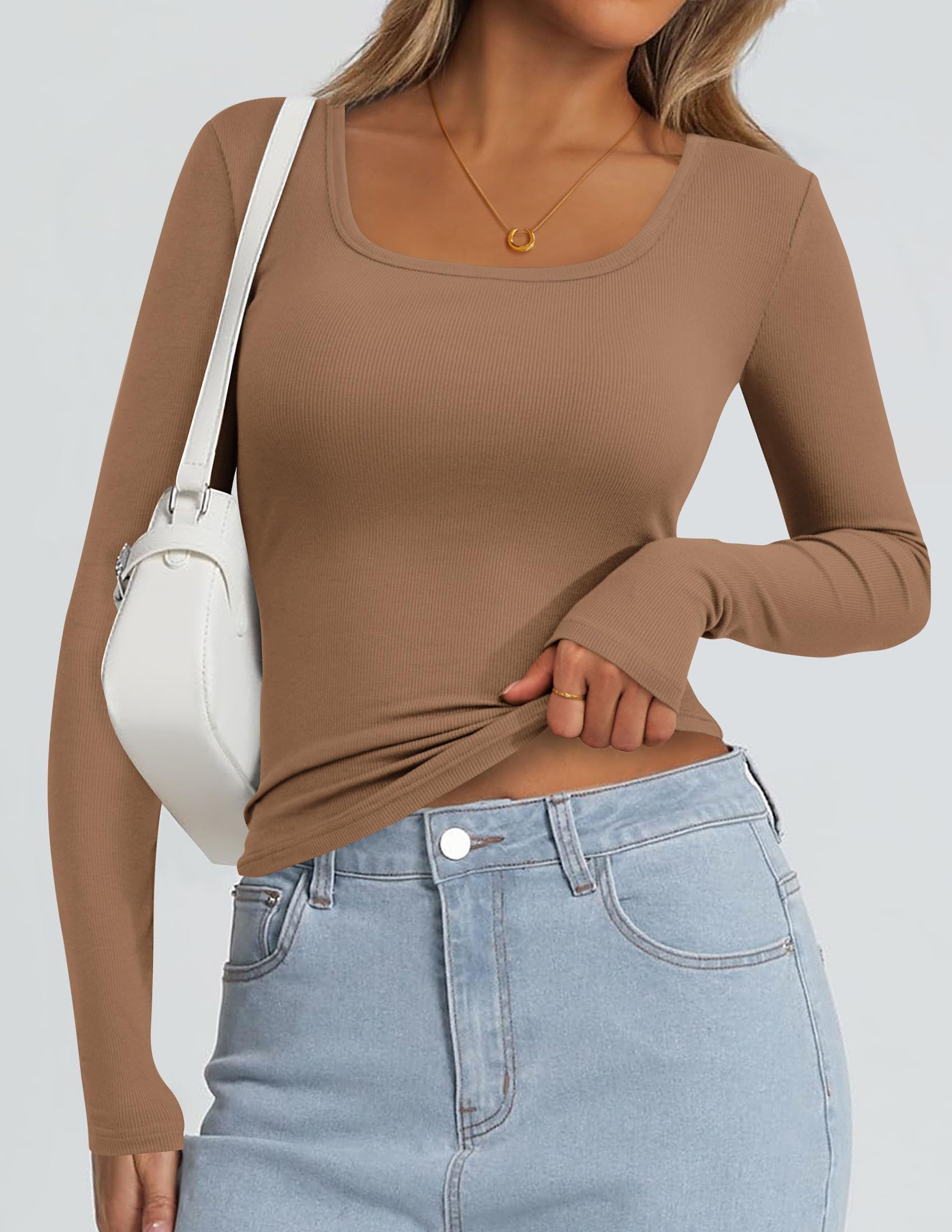Square Neck Long Sleeve Shirts for Women Light Khaki,XS