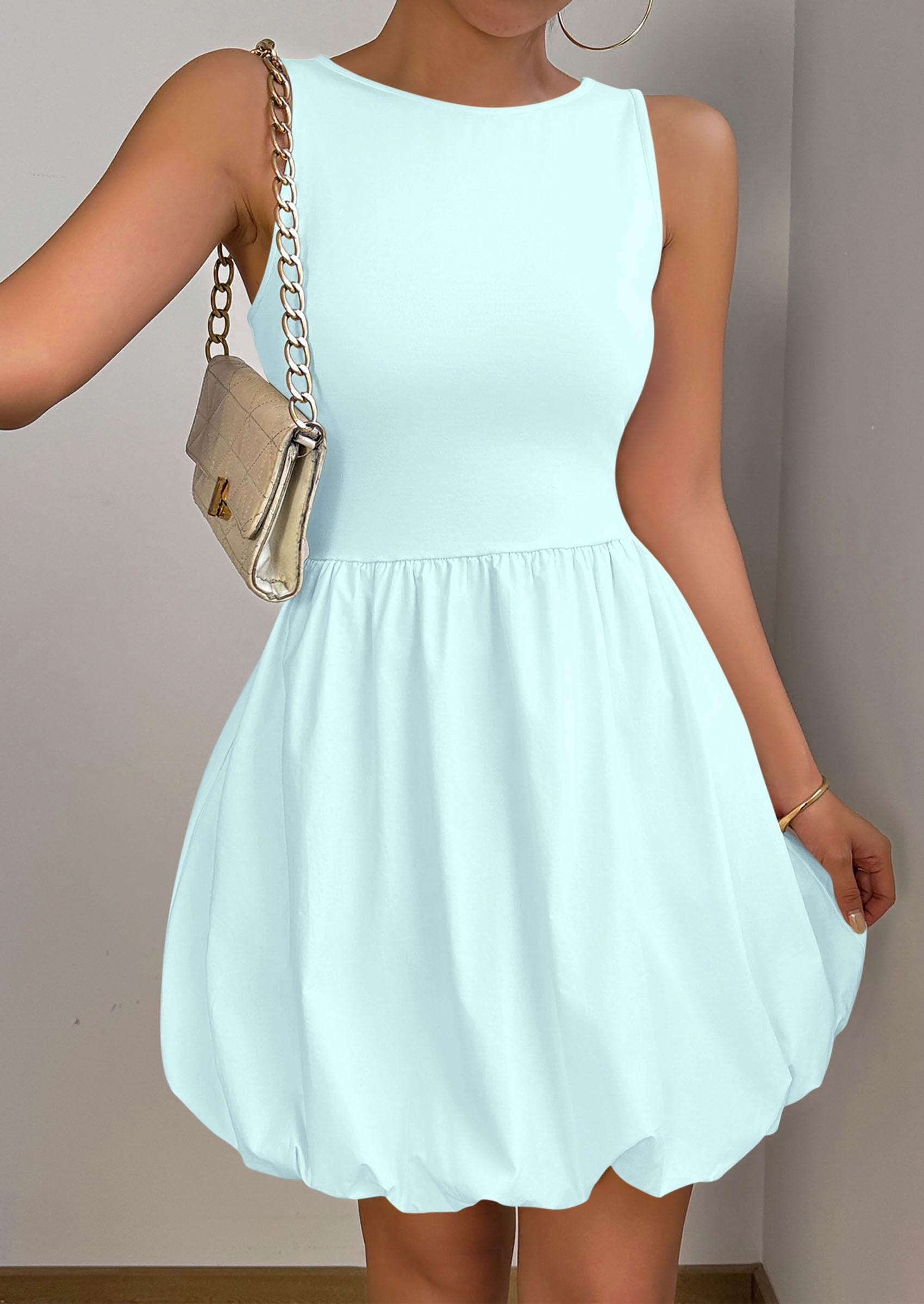 Womens Summer Bubble Sleeveless Mini Dress,Blue,S