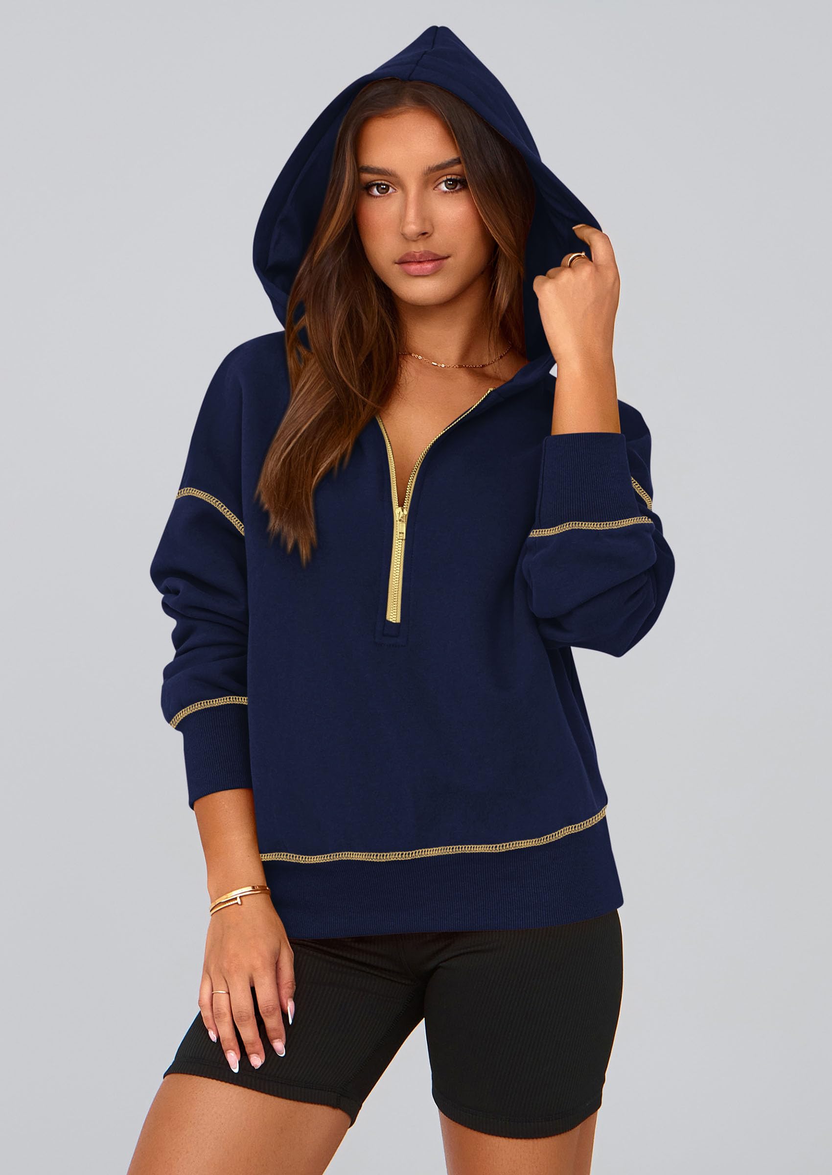 Women's Fall Half Zip Cropped Hoodie Sweatshirt Navy Blue