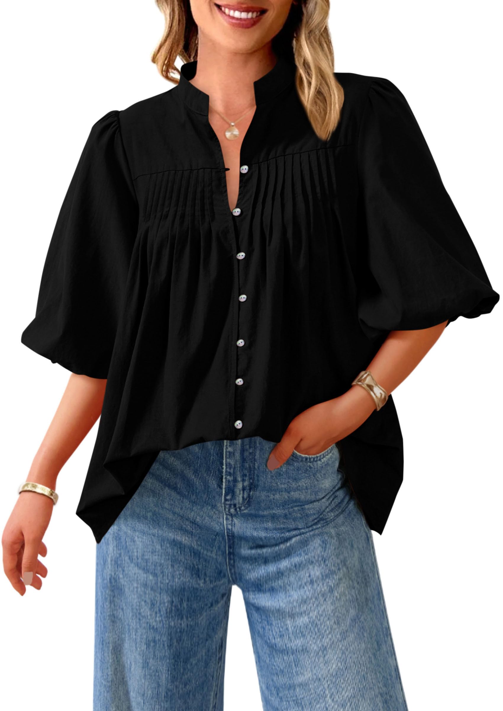 Short Sleeve Henley Shirts for Women,Black,S