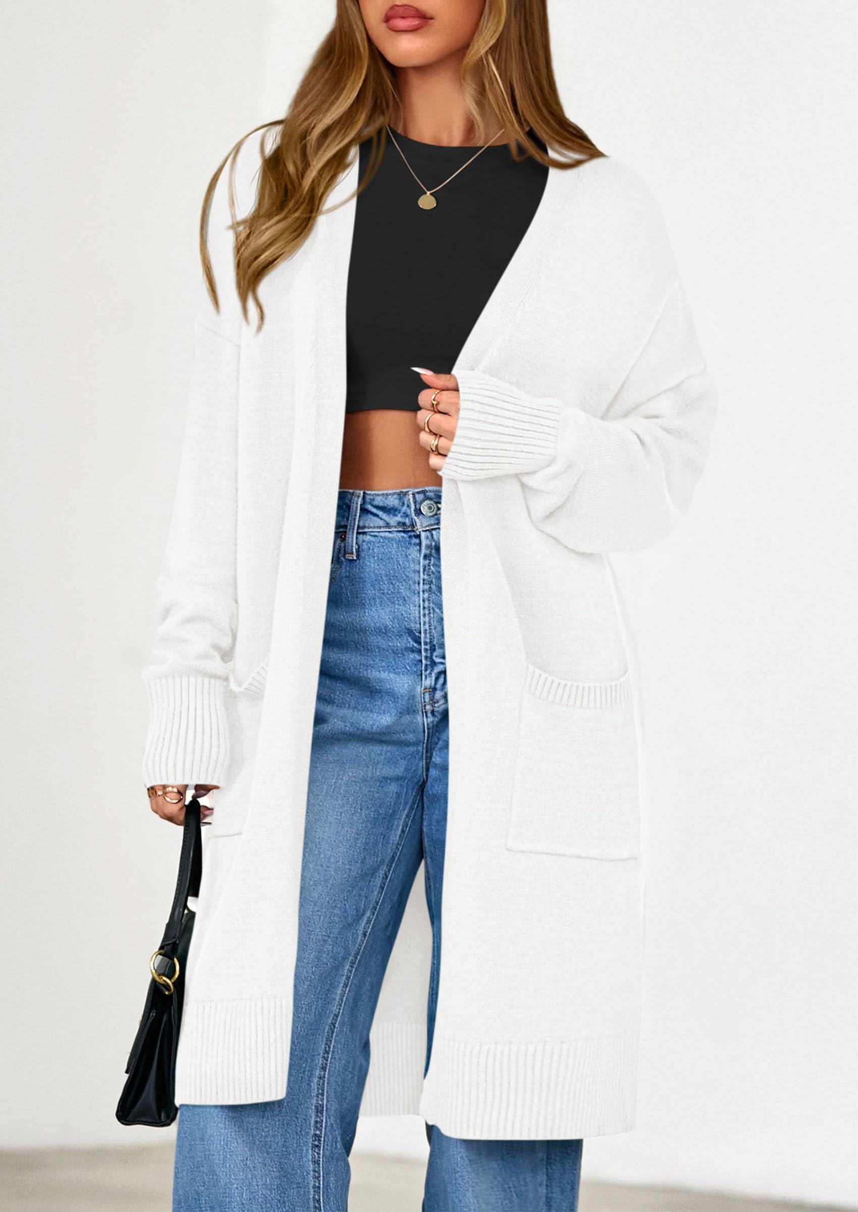 Women's Oversized Open Front Long Knit Cardigan,White,S