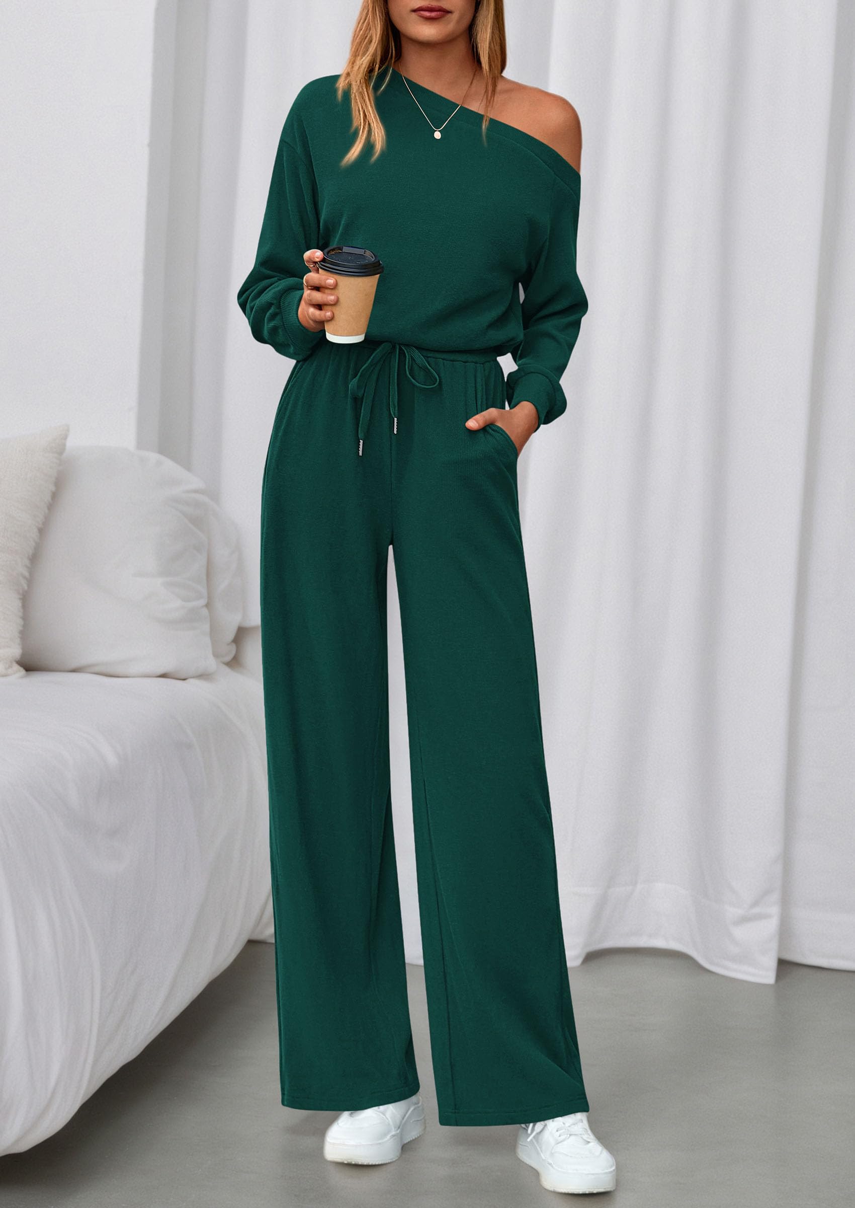 Womens Off Shoulder Long Sleeve Jumpsuit,Dark Green,S
