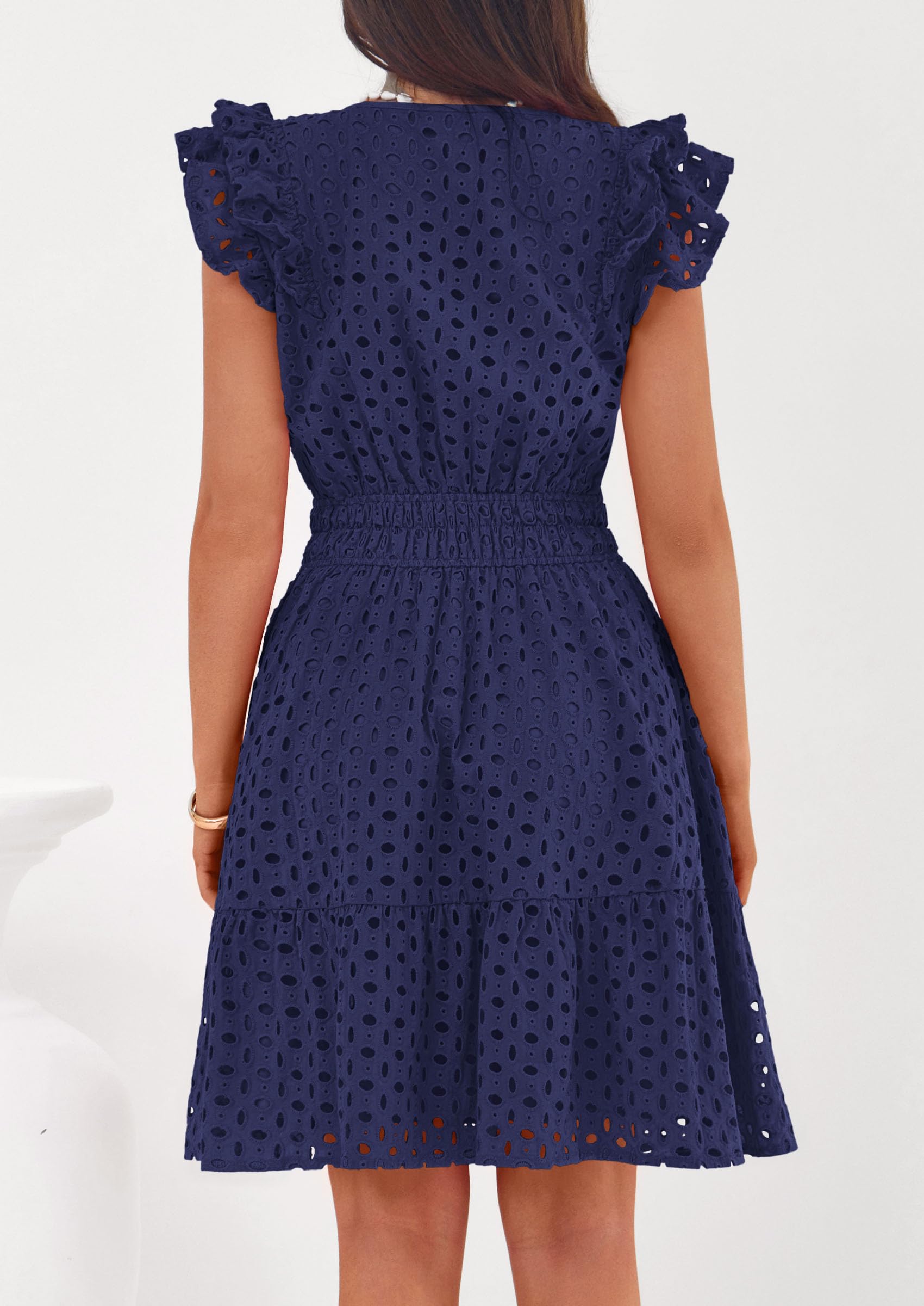 Women's Summer V Neck Eyelet Short Dress (Navy Blue,Small)