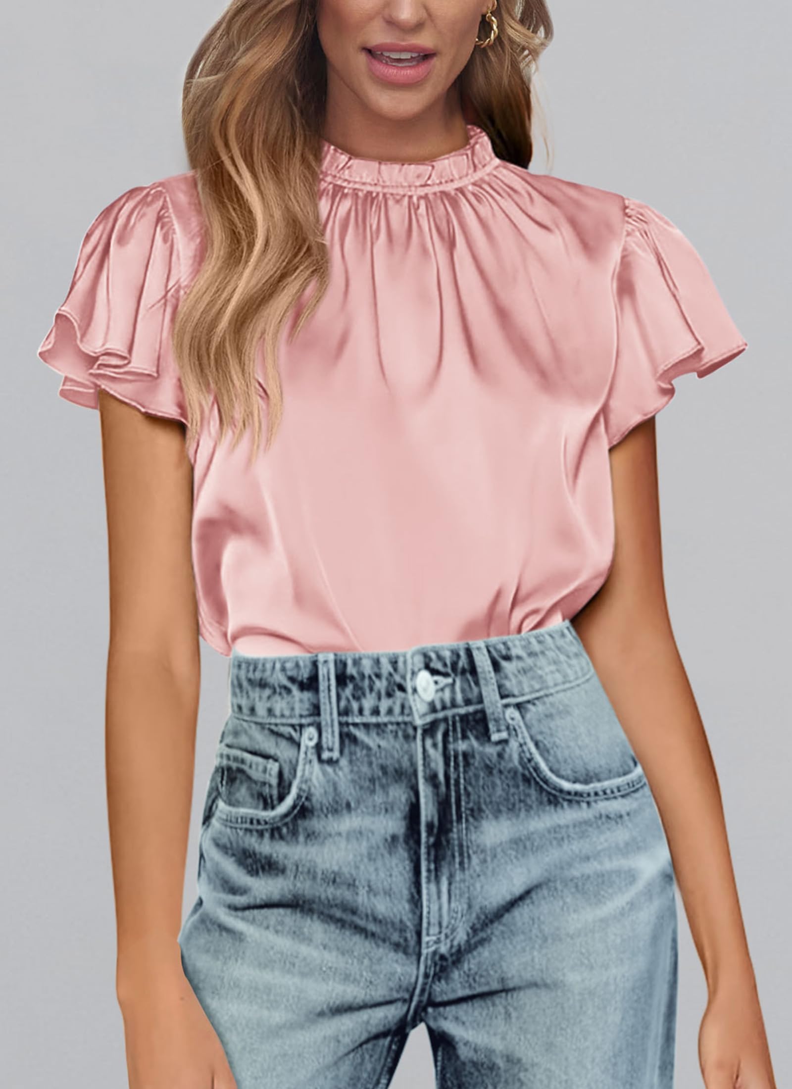 Women's Satin Tops Business Casual Work Blouses, Pink,S