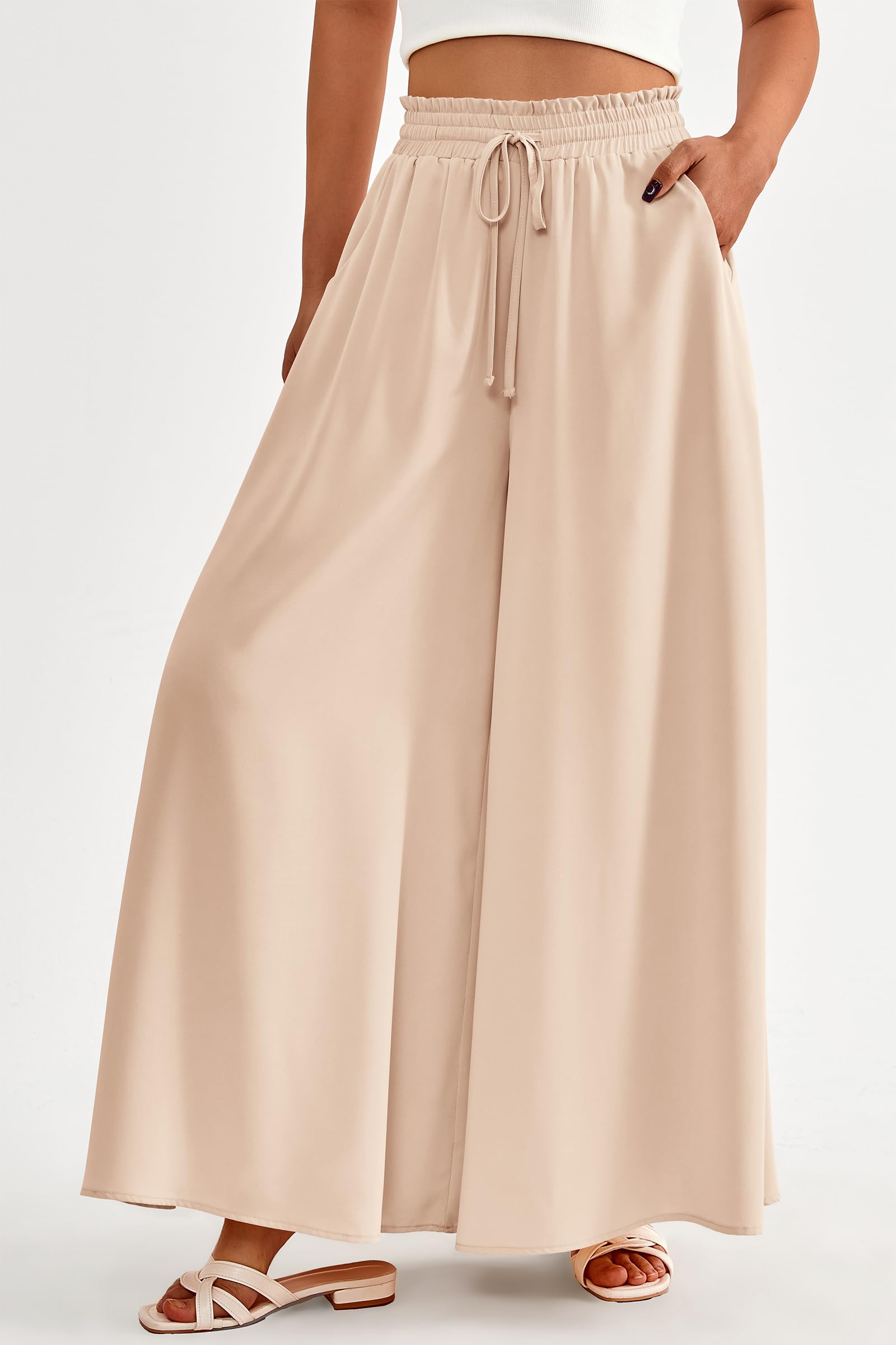 Summer Wide Leg Palazzo Pants for Women Casual,Beige,S