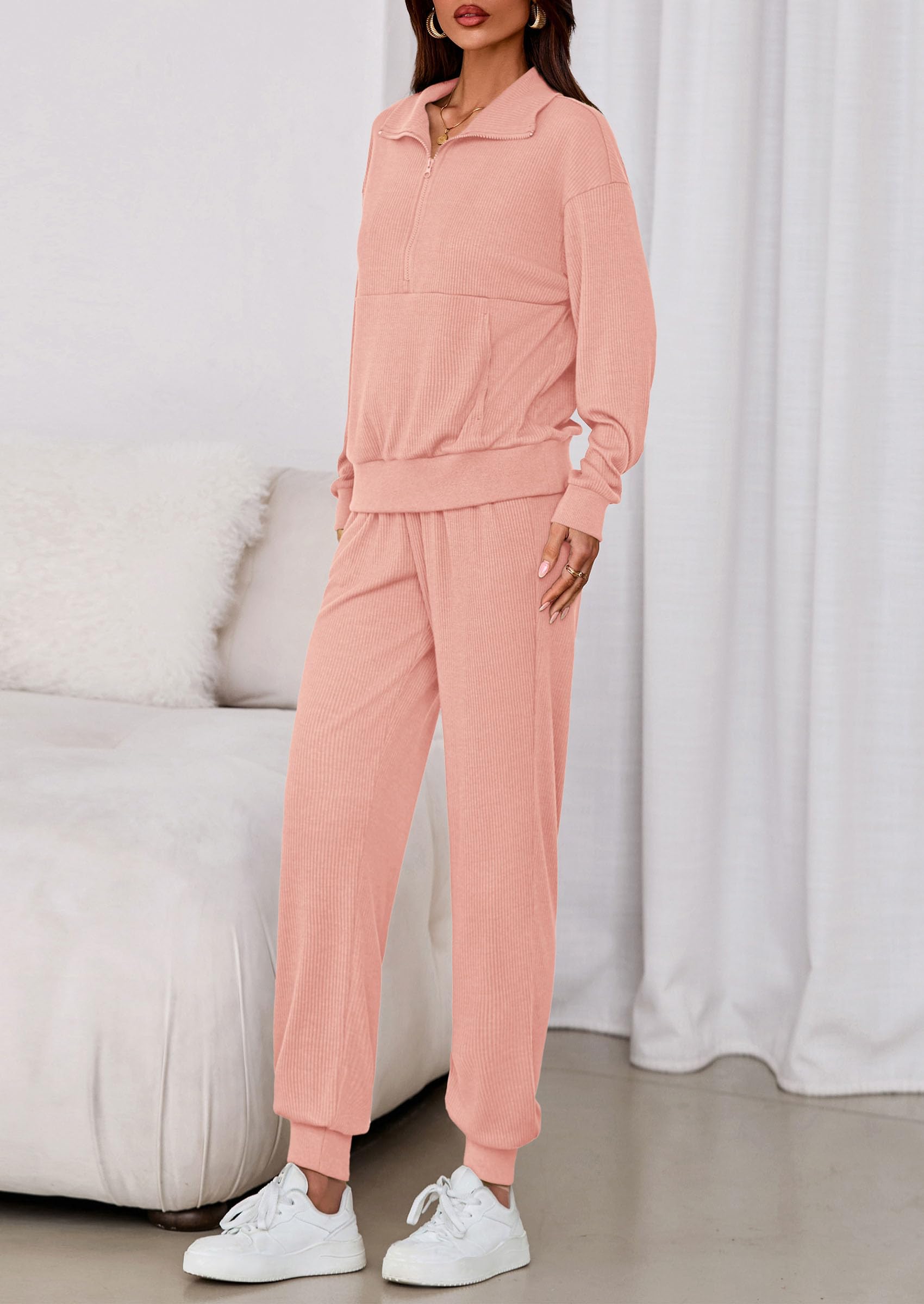 Airport Travel Outfit Women Ribbed Knit Matching Lounge Sets