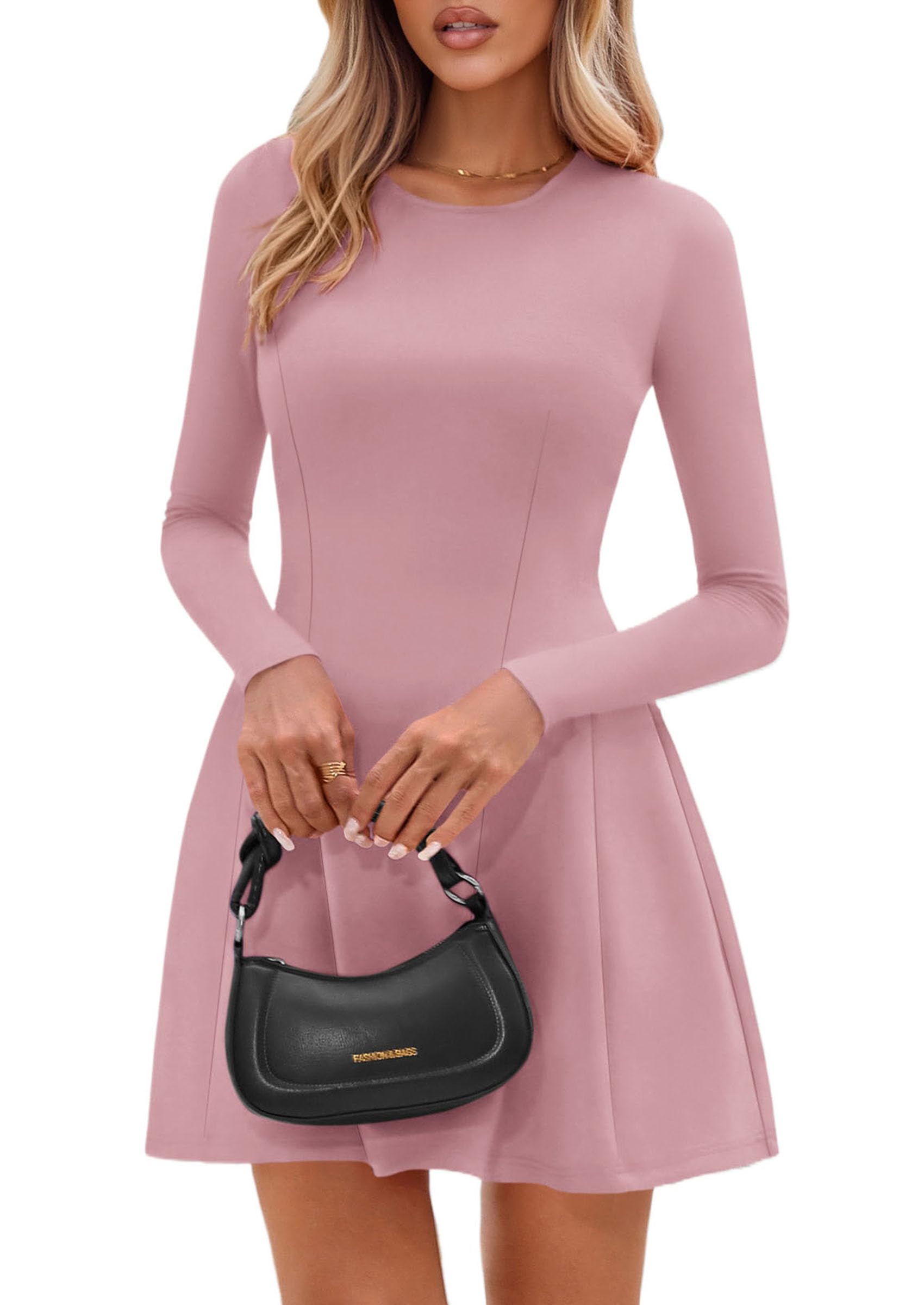Womens Long Sleeve Pleated Mini Dress,Pink,XS