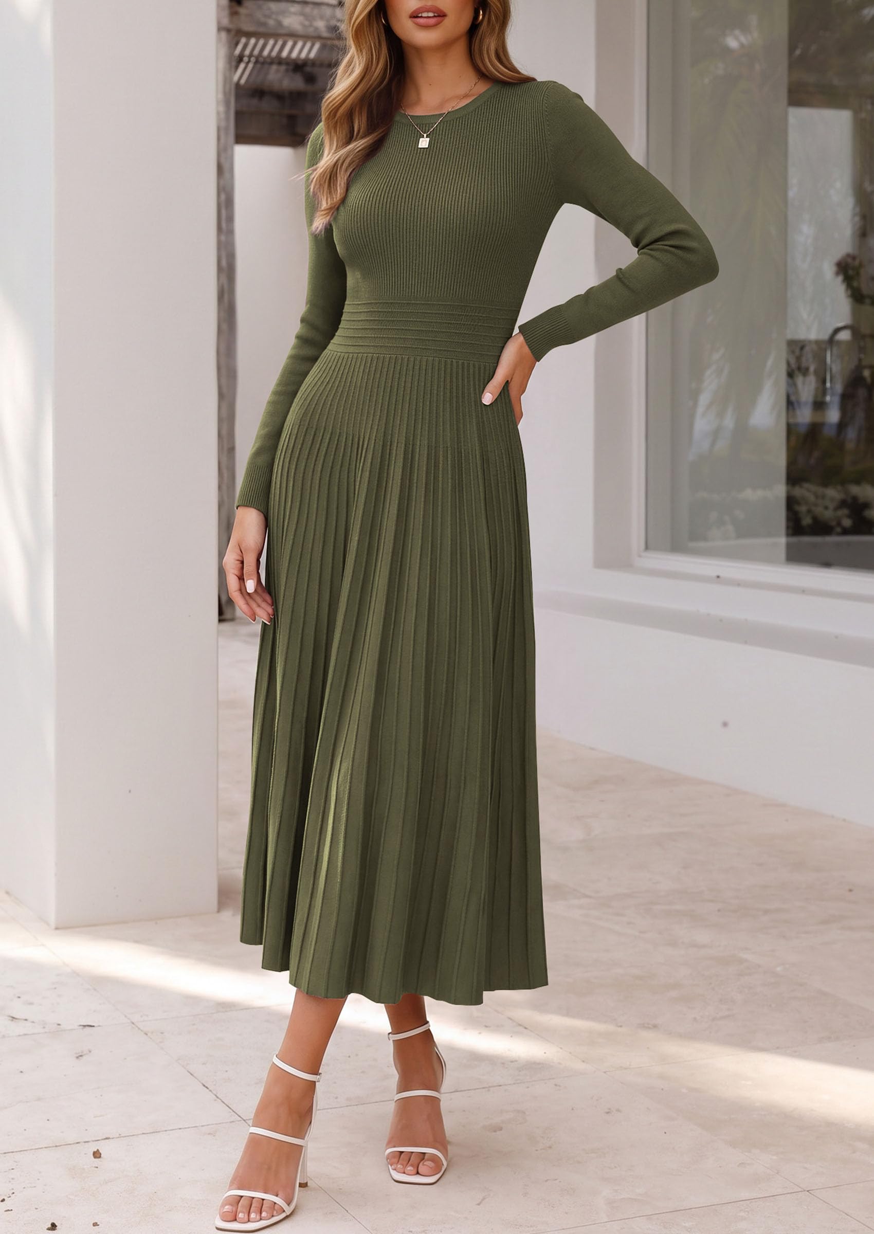Women's Long Sleeve Knit Maxi Sweater Dress,Grey Green,S
