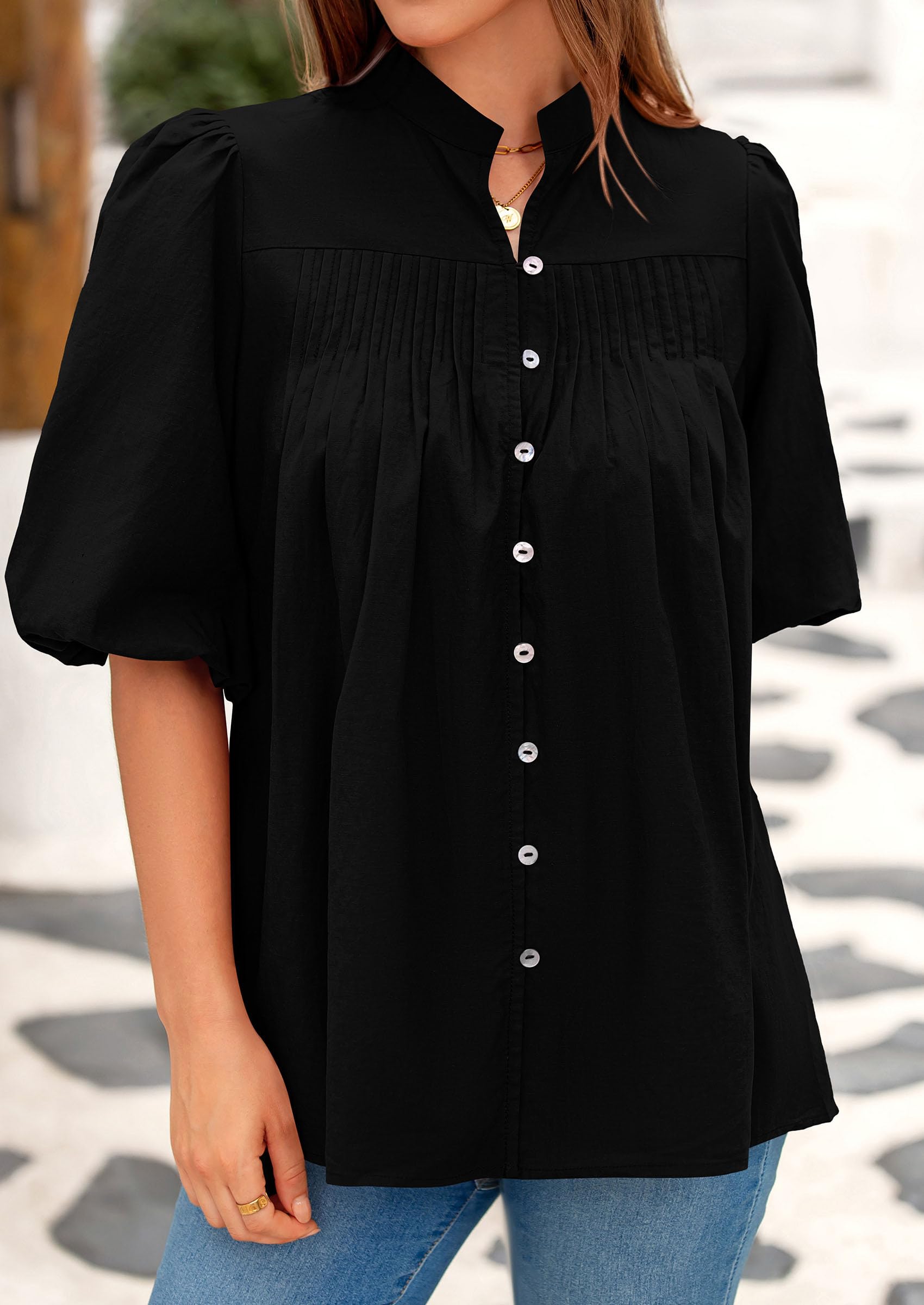Short Sleeve Henley Shirts for Women,Black,S