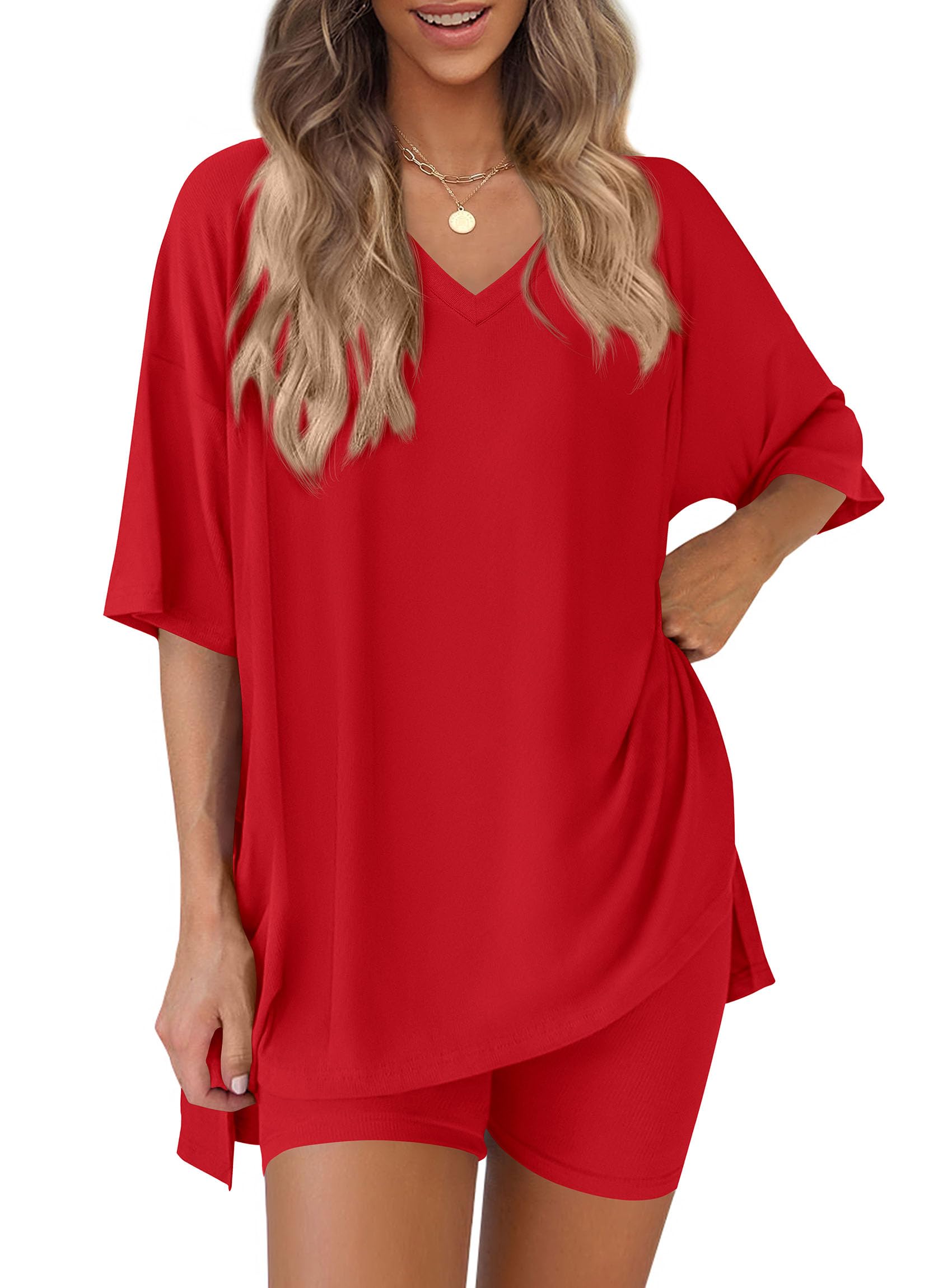 Womens 2 Piece Outfit Lounge Short Sets,Red,S