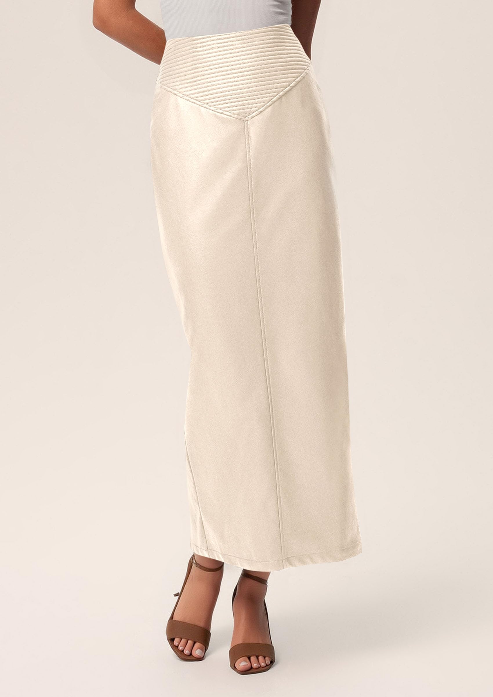 Women's Faux Leather High Waisted Maxi Skirts,Beige,XS