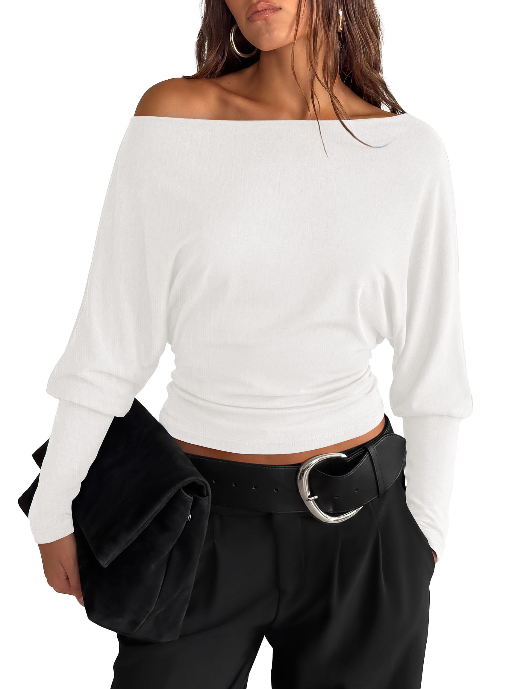 Womens Off The Shoulder Batwing Long Sleeve Top,White,S