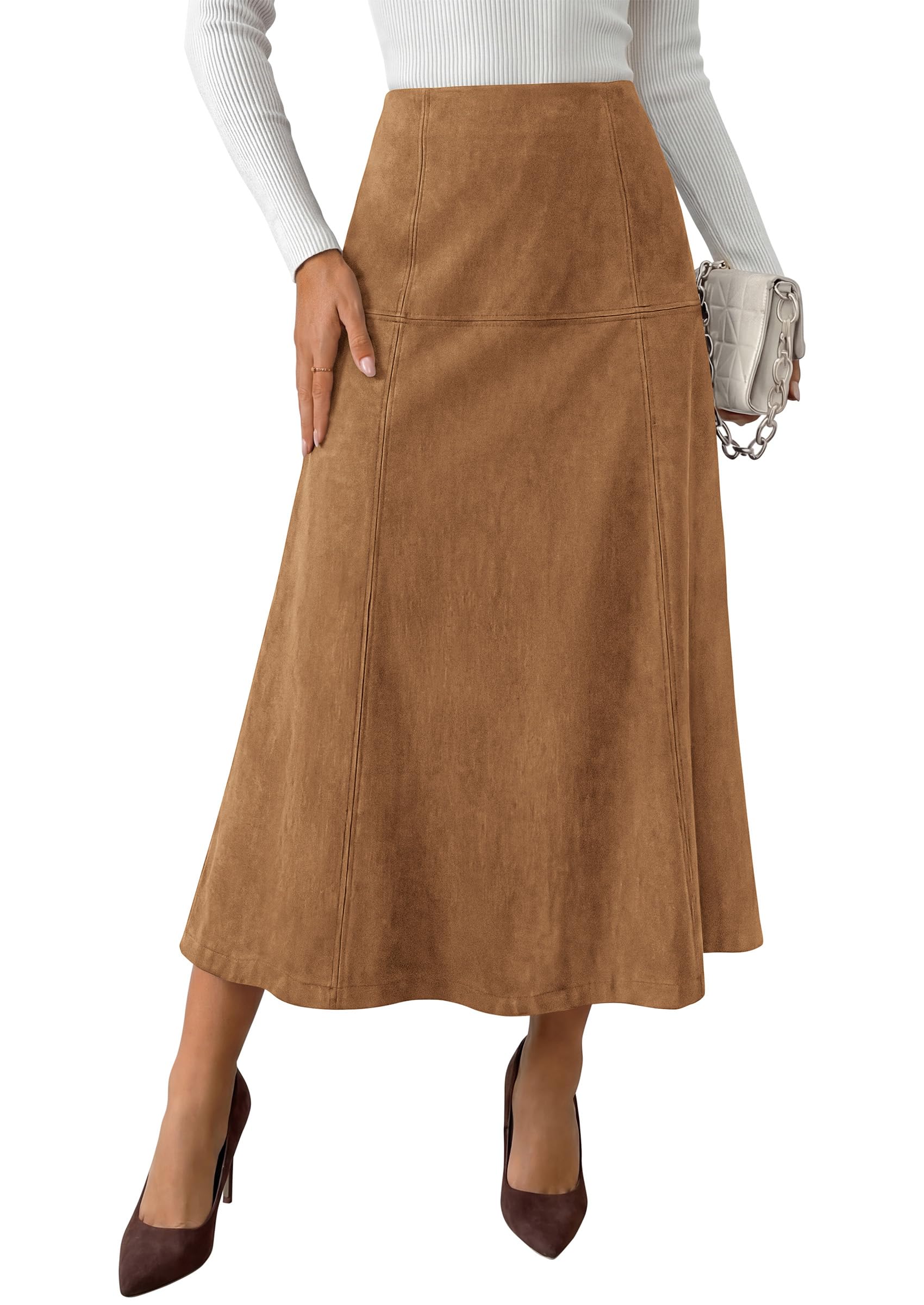Womens High Waist Faux Suede A Line Midi Skirt,Khaki,S