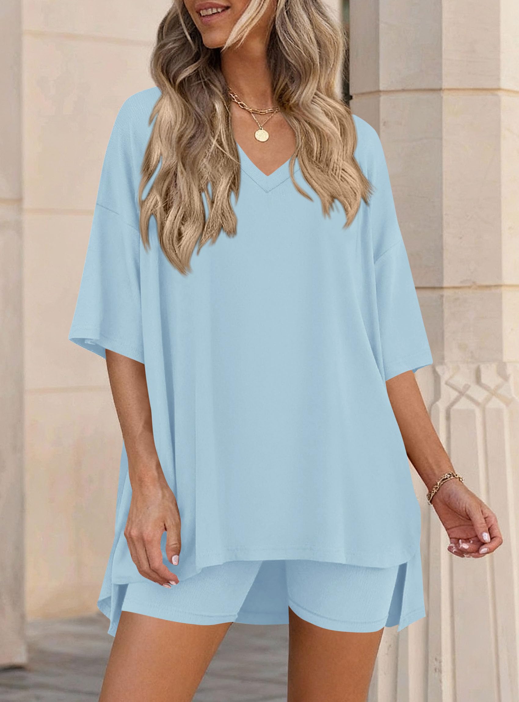 Womens 2 Piece Outfit Lounge Short Sets,Light Blue,S