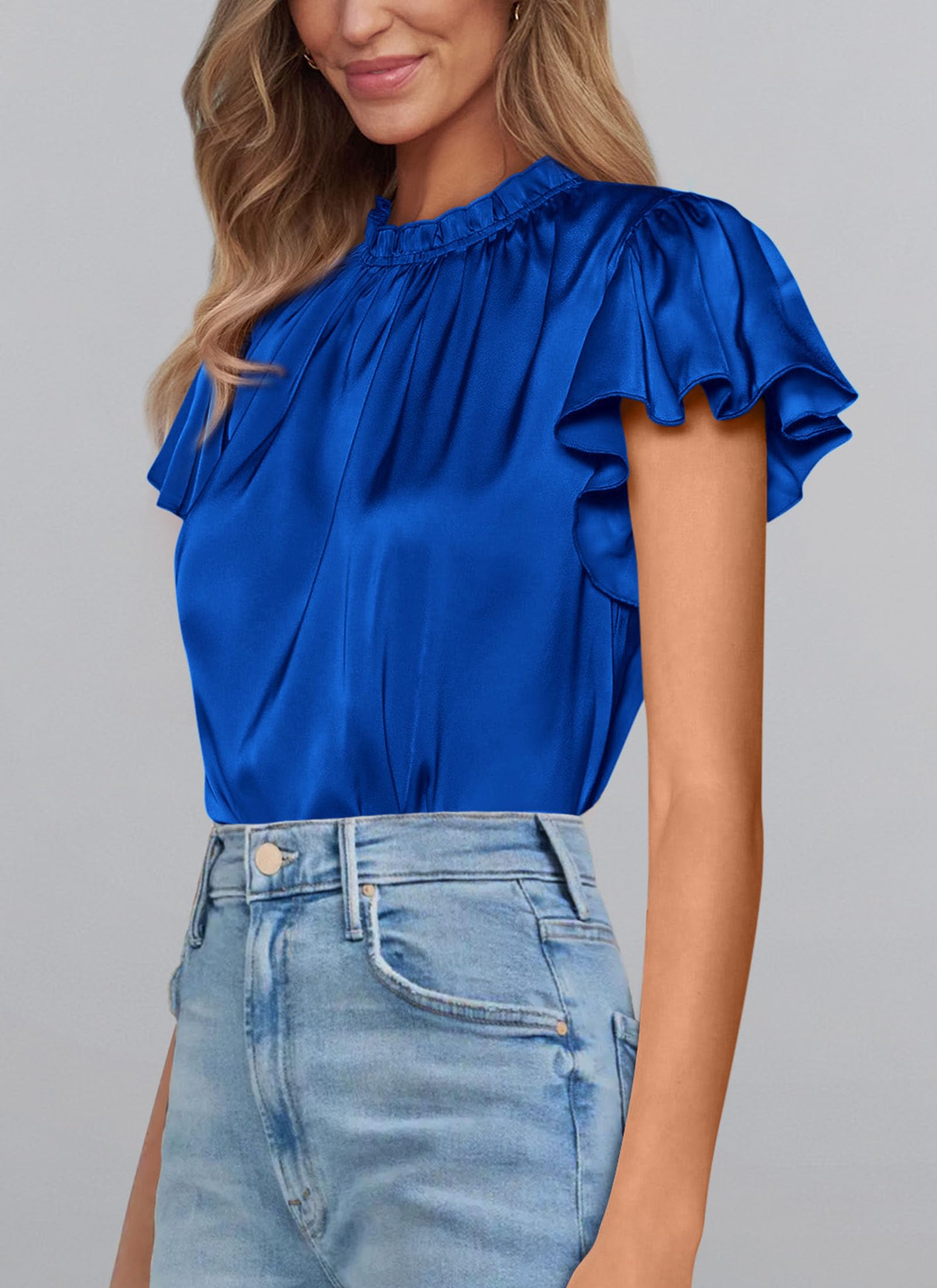 Women's Satin Tops Business Casual Work Blouses, Royal Blue,S
