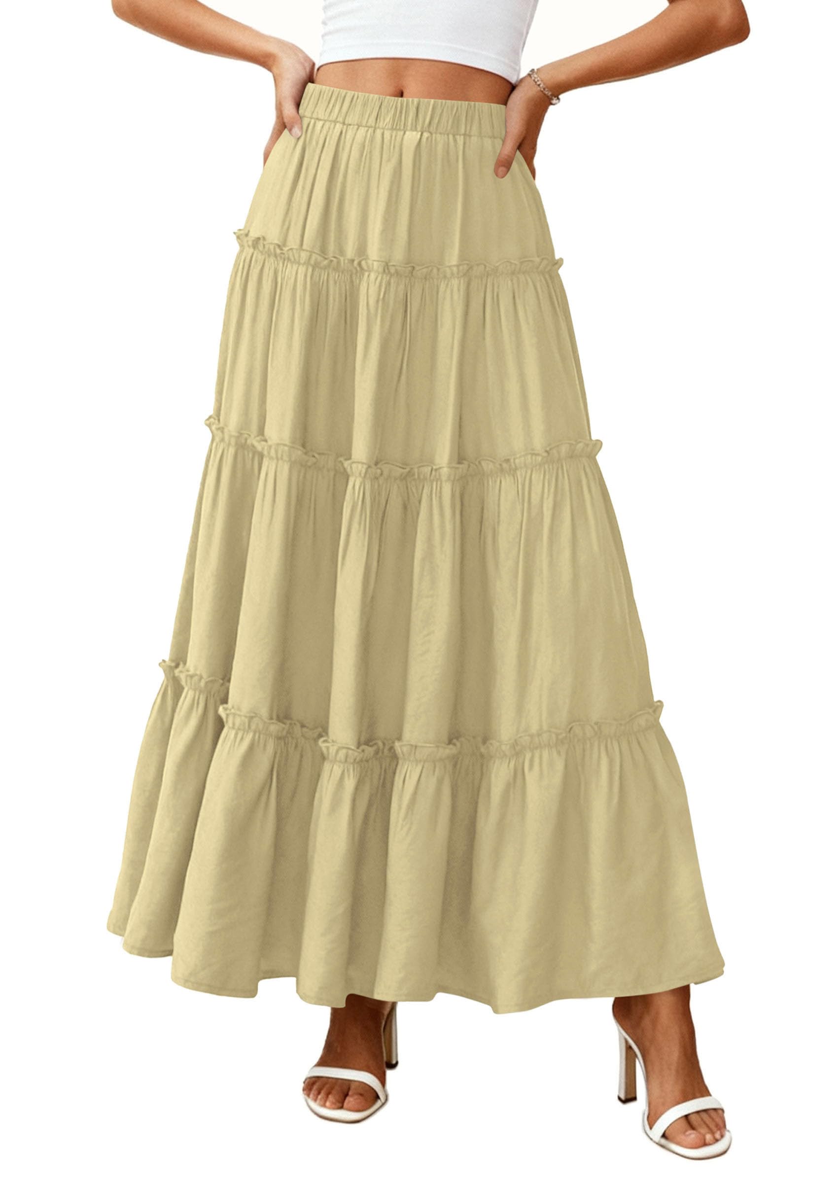 Women's Boho Tiered Ruffle Flowy Maxi Skirt, Yellow,S