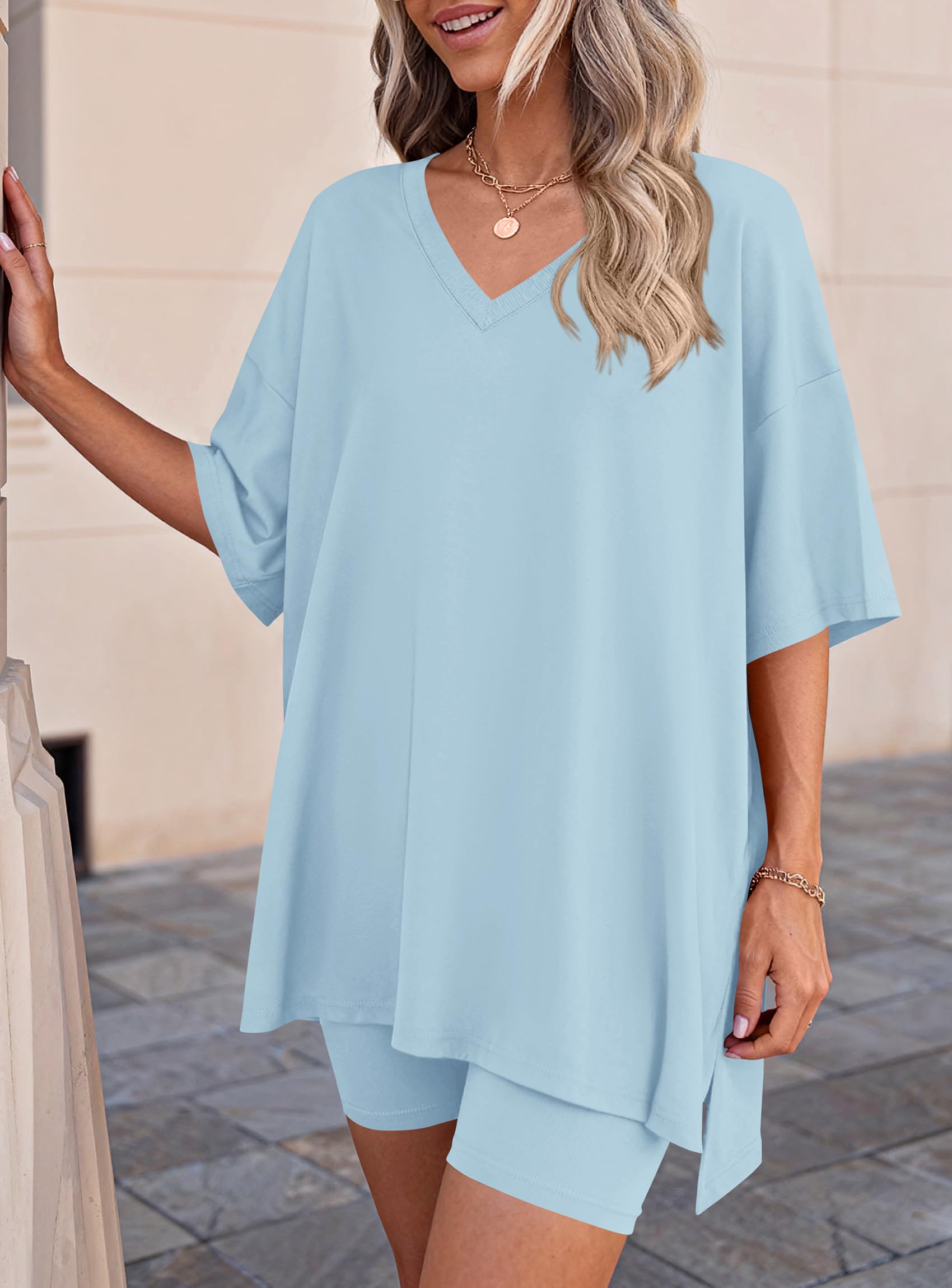 Womens 2 Piece Outfit Lounge Short Sets,Light Blue,S