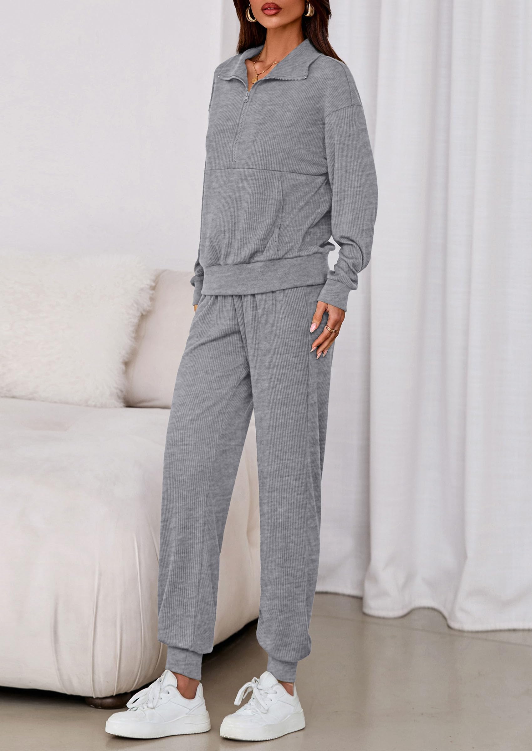 Airport Travel Outfit Women Ribbed Knit Matching Lounge Sets