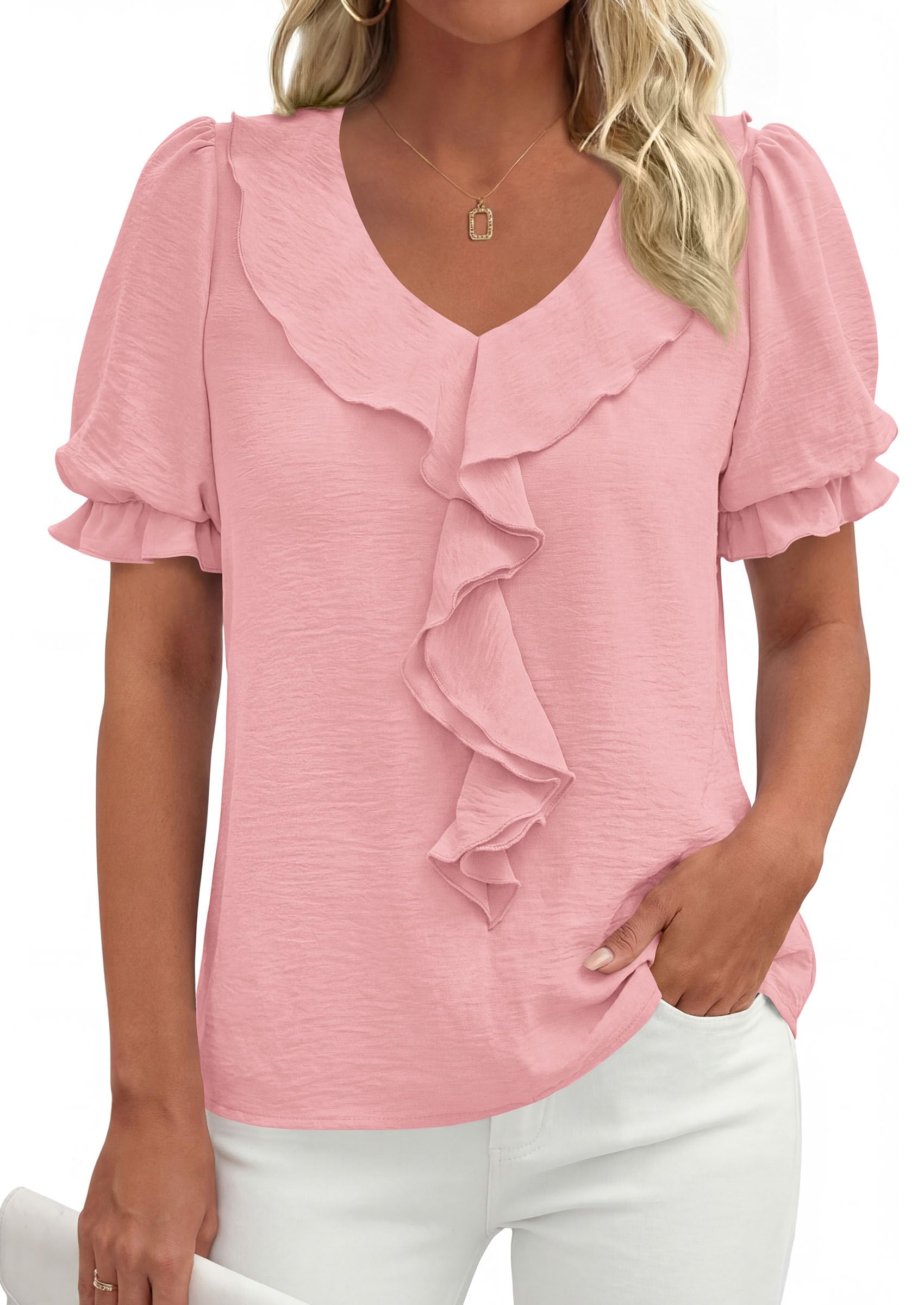 Women's Summer Ruffle Dressy Casual Blouses (Pink,S)