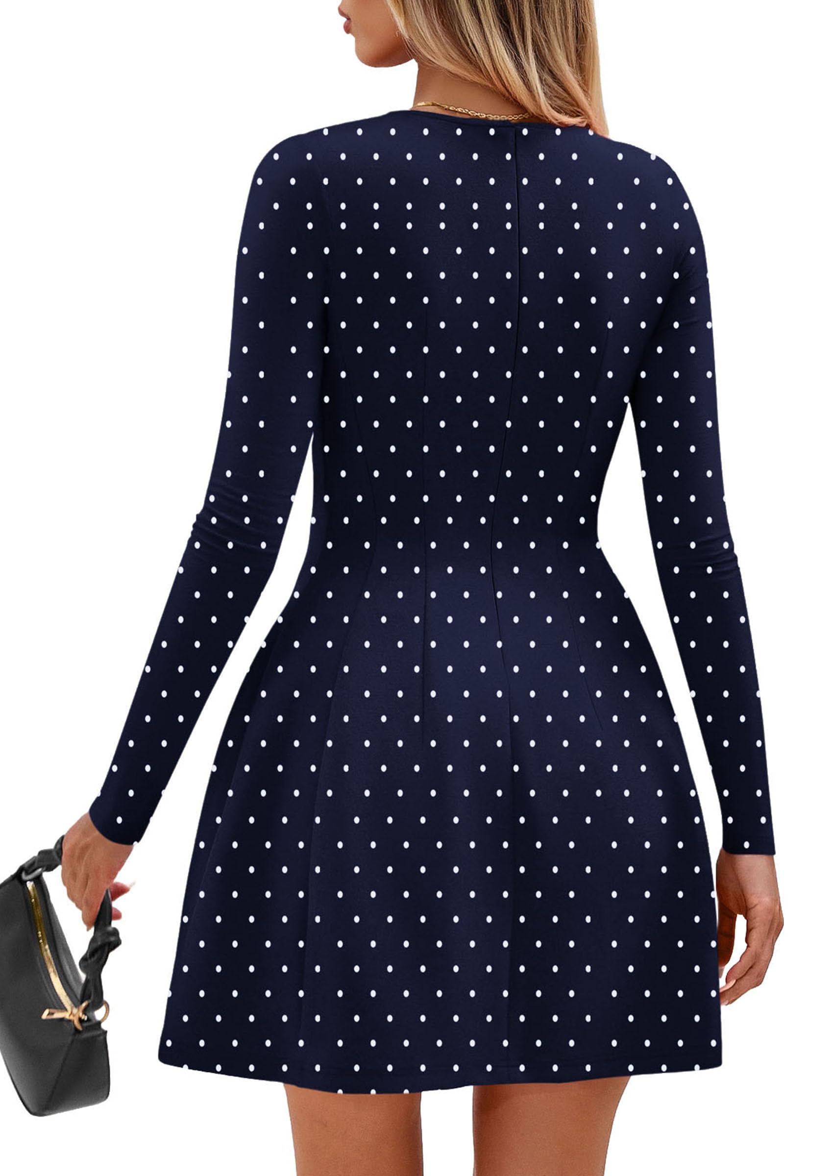 Womens Long Sleeve Pleated Mini Dress,Dot Navy White,XS