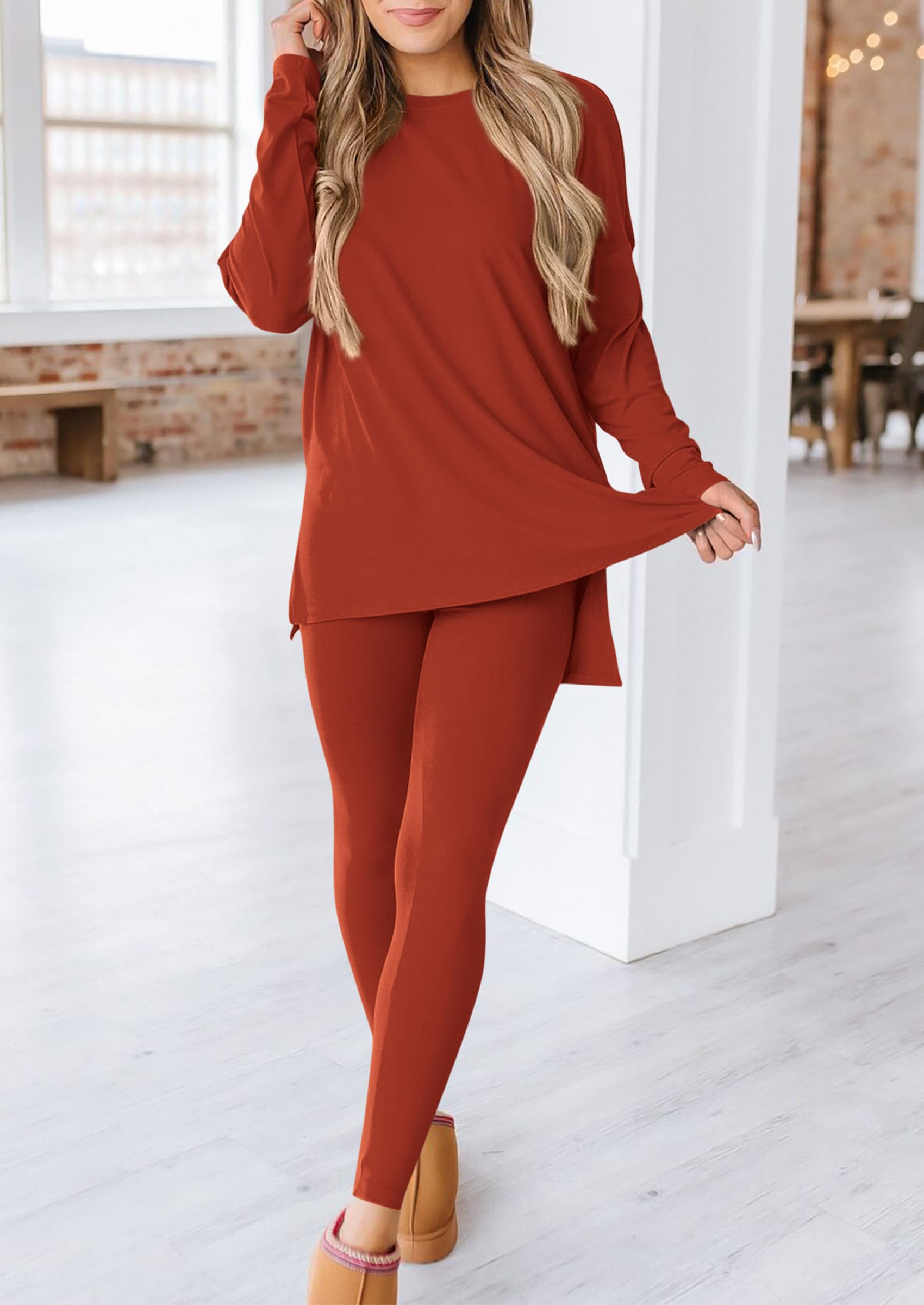 Women's 2 Piece Outfits Matching Lounge Sets,Brick Red,S