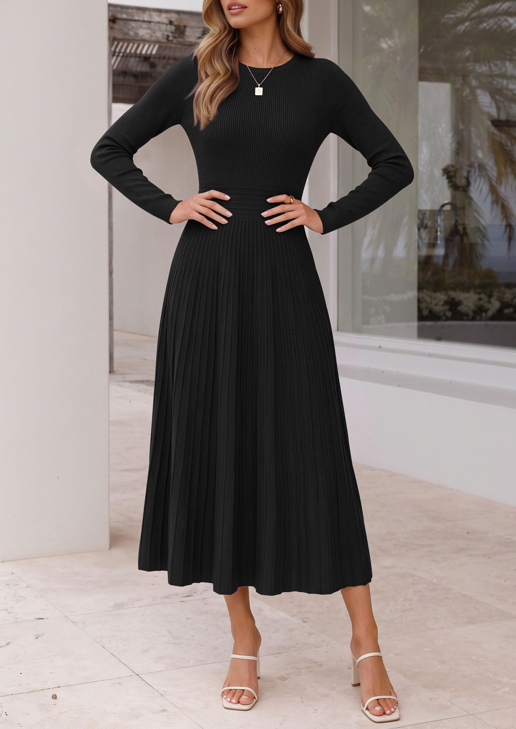 Women's Long Sleeve Knit Maxi Sweater Dress,Black,S