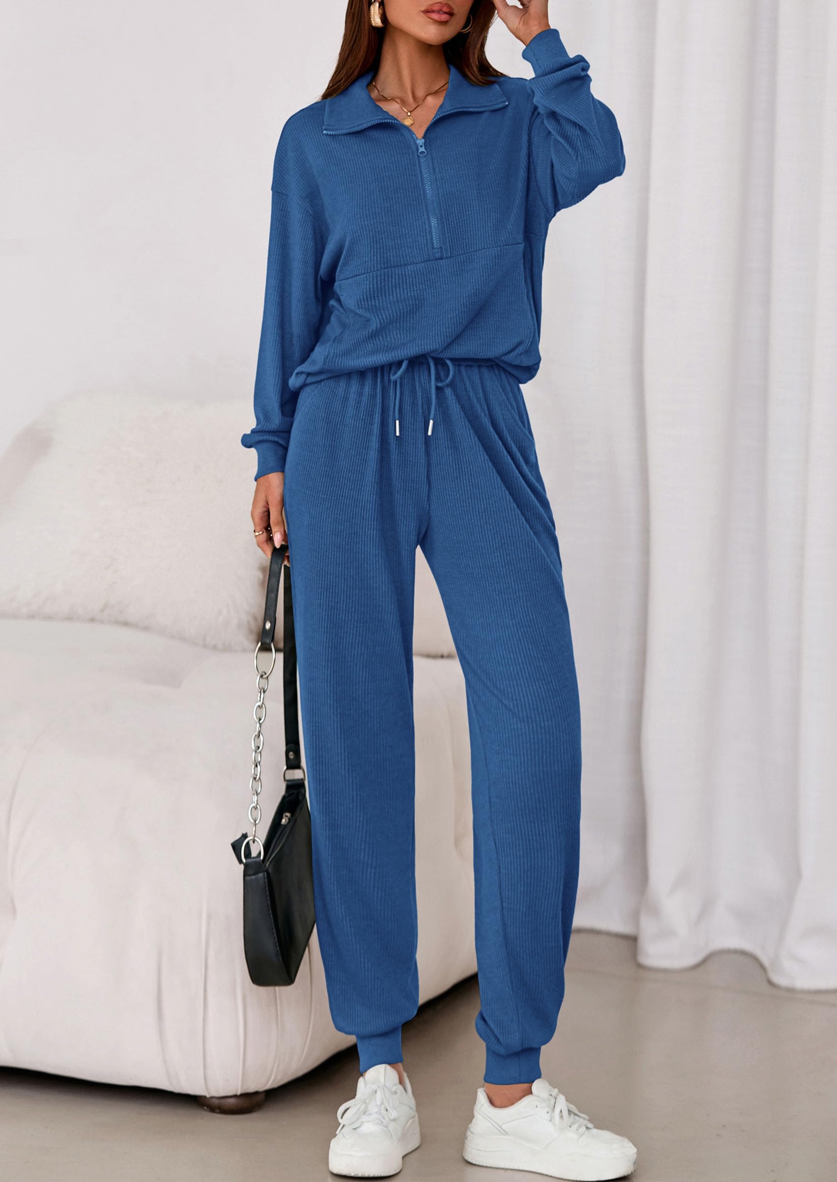 Airport Travel Outfit Women Ribbed Knit Matching Lounge Sets