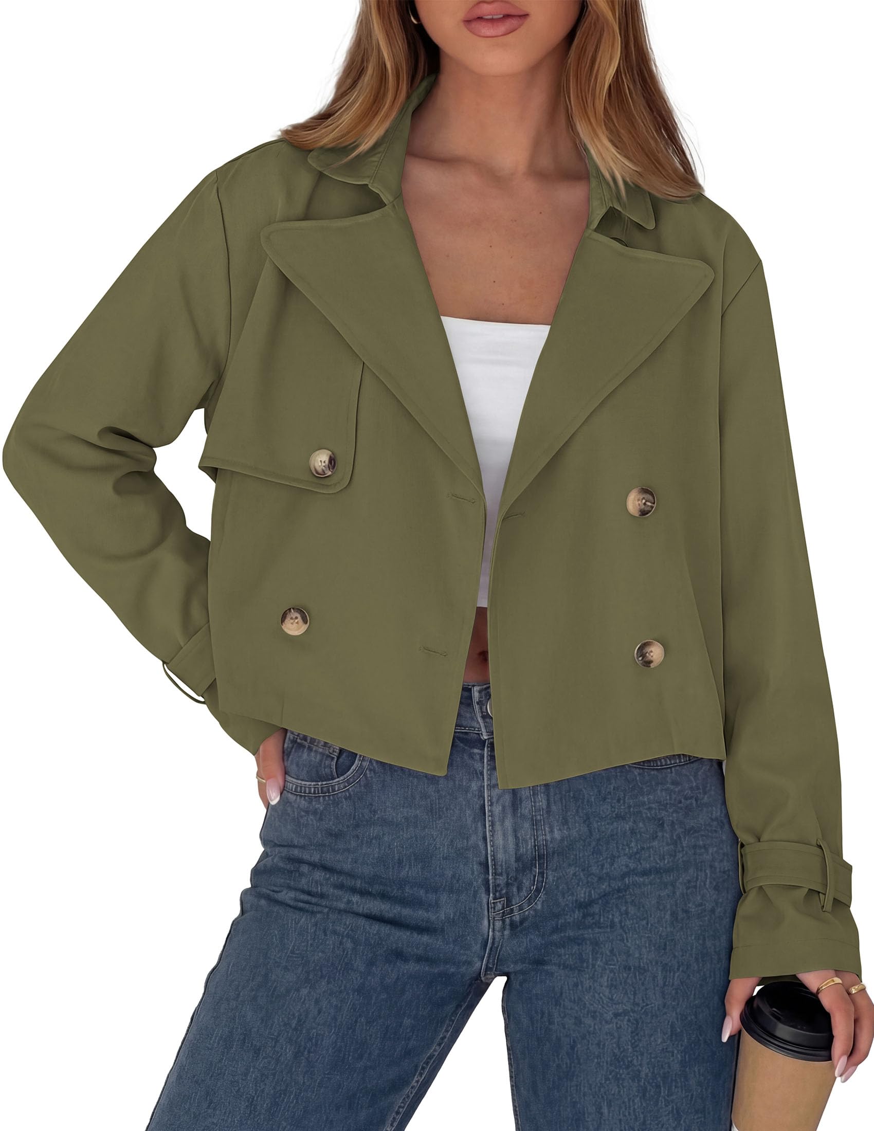 Cropped Trench Coat For Women Short Jacket,Army Green,S
