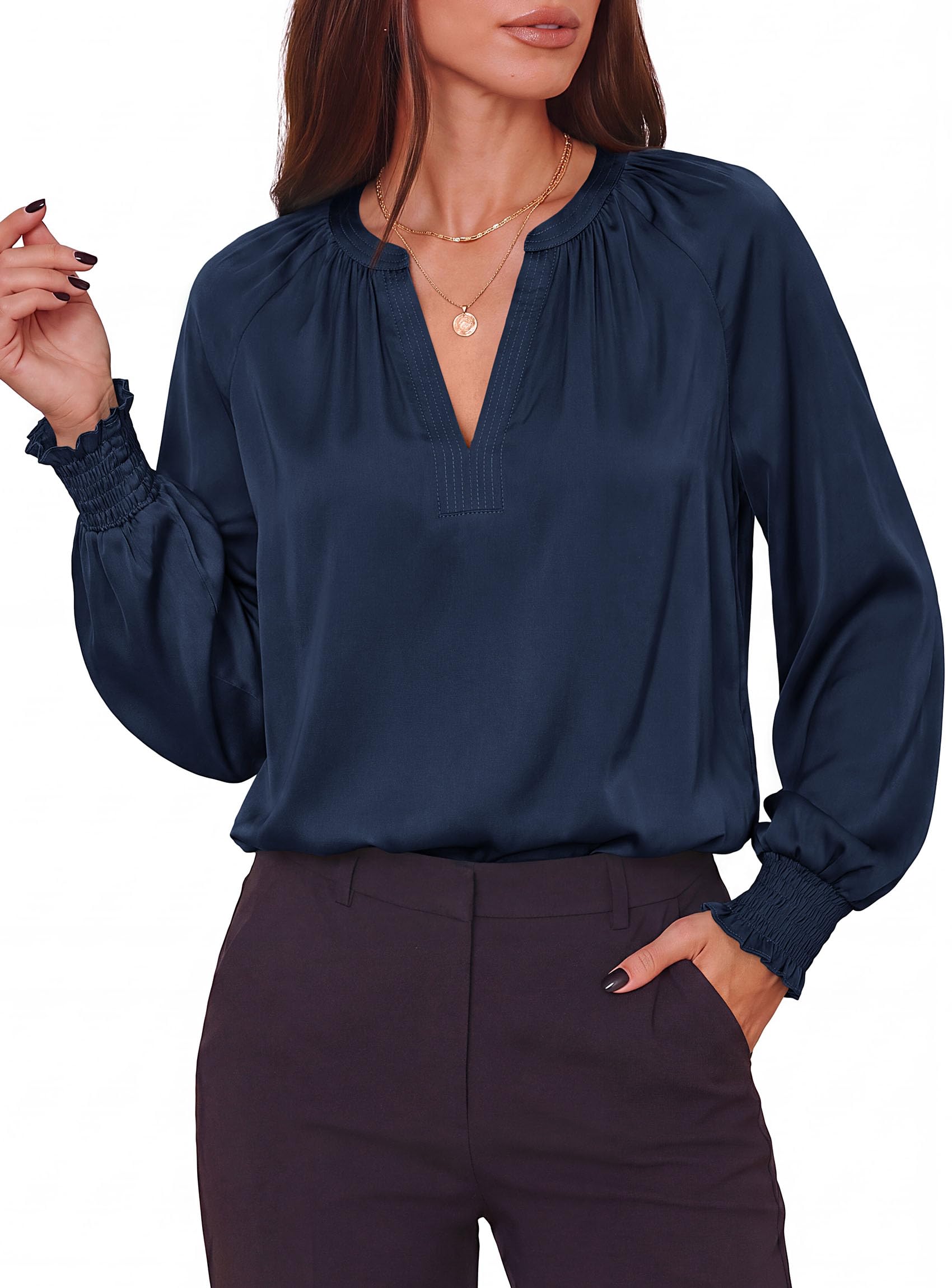 Women's Satin Blouses V Neck Long Sleeve Tops,Navy Blue,S