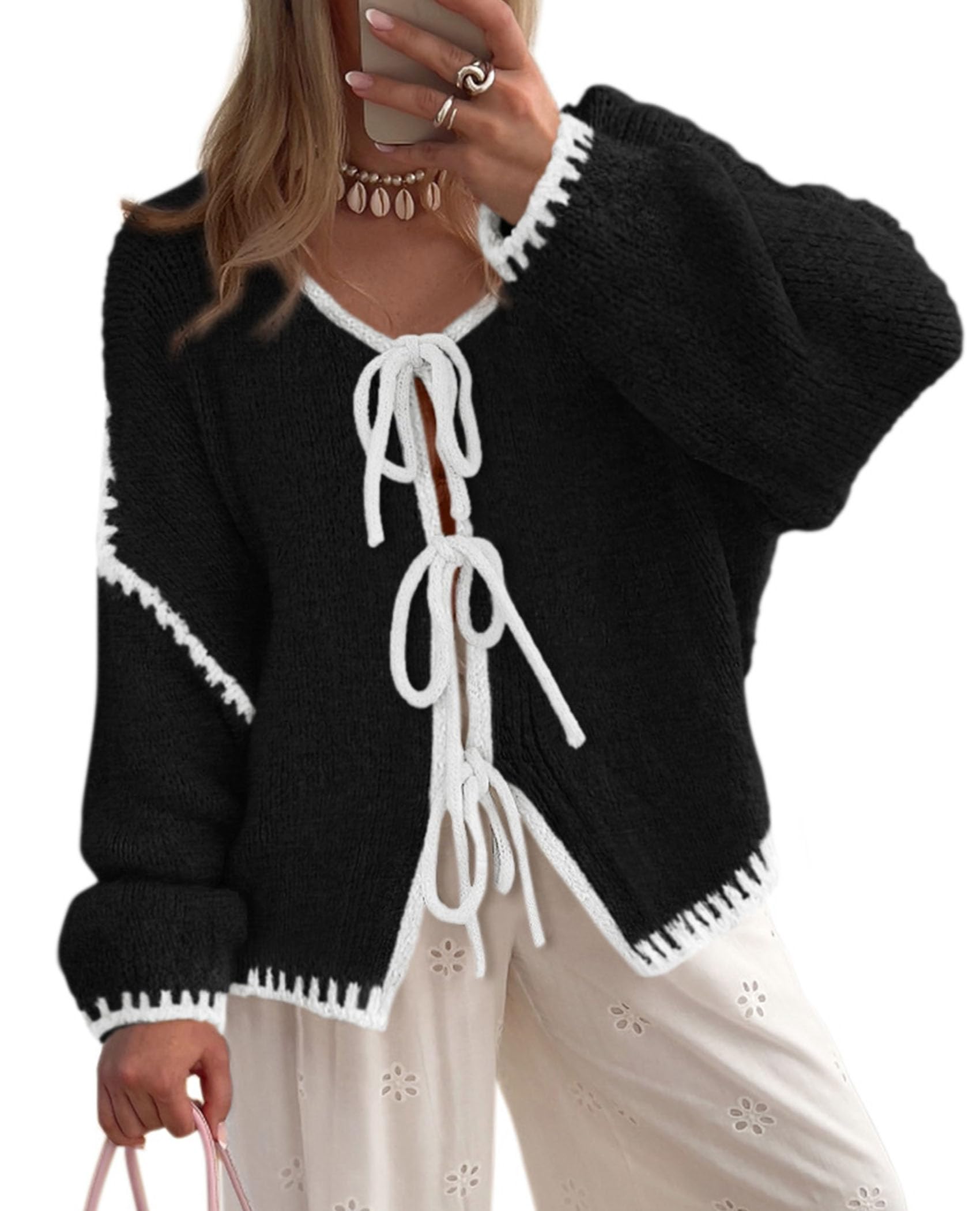 Women's Tie Front Bow Cardigan Sweaters(Black White,Small)