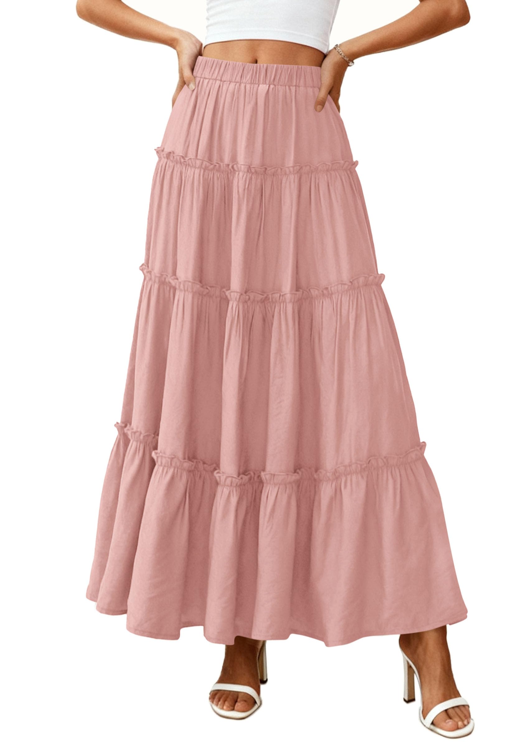 Women's Boho Tiered Ruffle Flowy Maxi Skirt, Pink,S