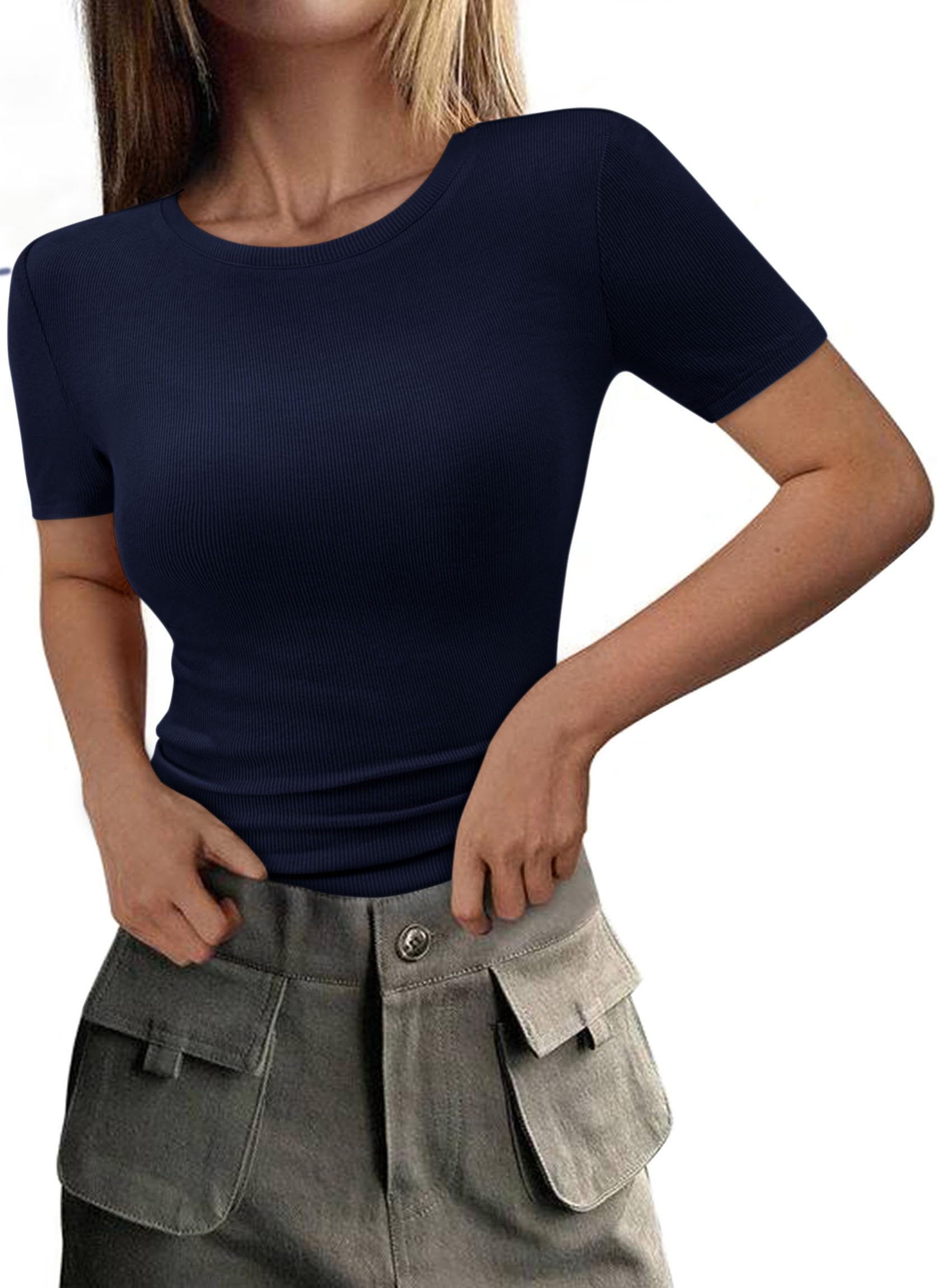 Womens Short Sleeve Slim Fit Basic Shirts,Dark Blue,XS