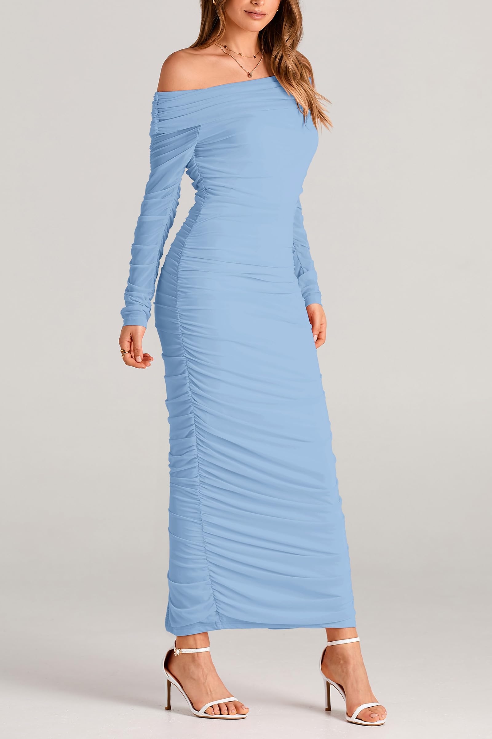 Women's Off the Shoulder Maxi Bodycon Dress, Light Blue,M