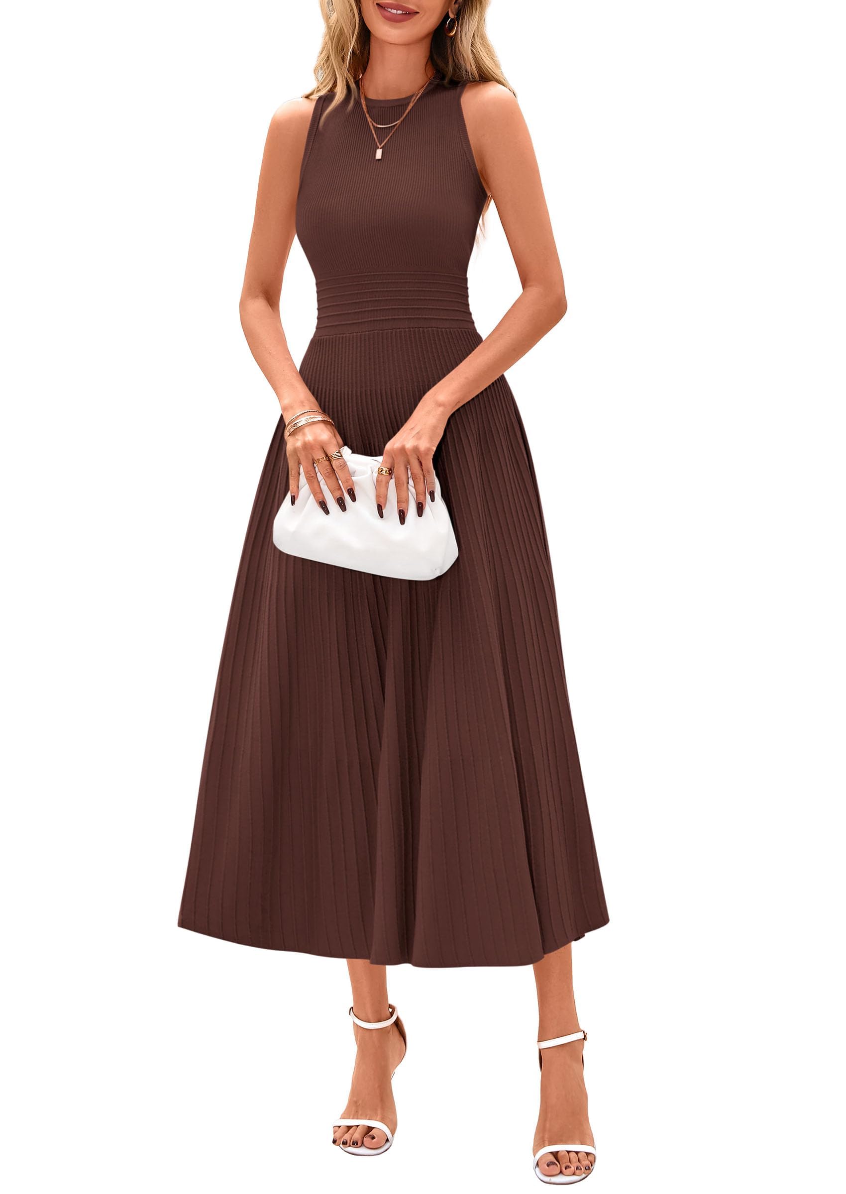 Women's Summer Pleated Midi Work Dress,Brown,S
