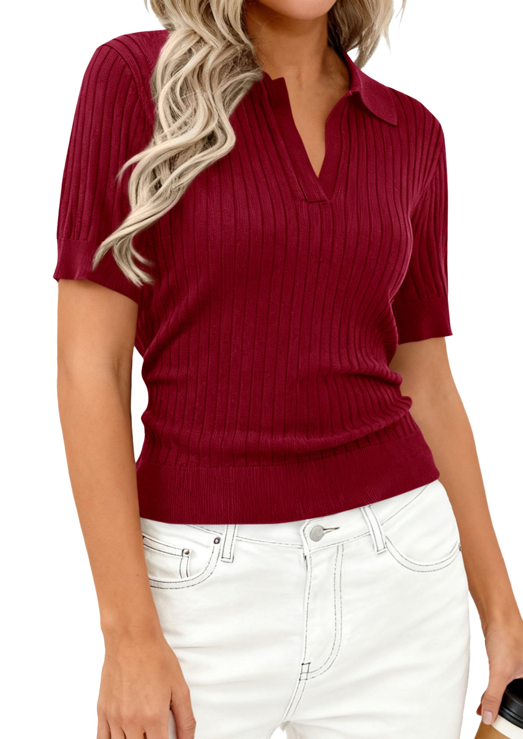 Women's Short Sleeve Sweater Polo Shirts,Burgundy,XS