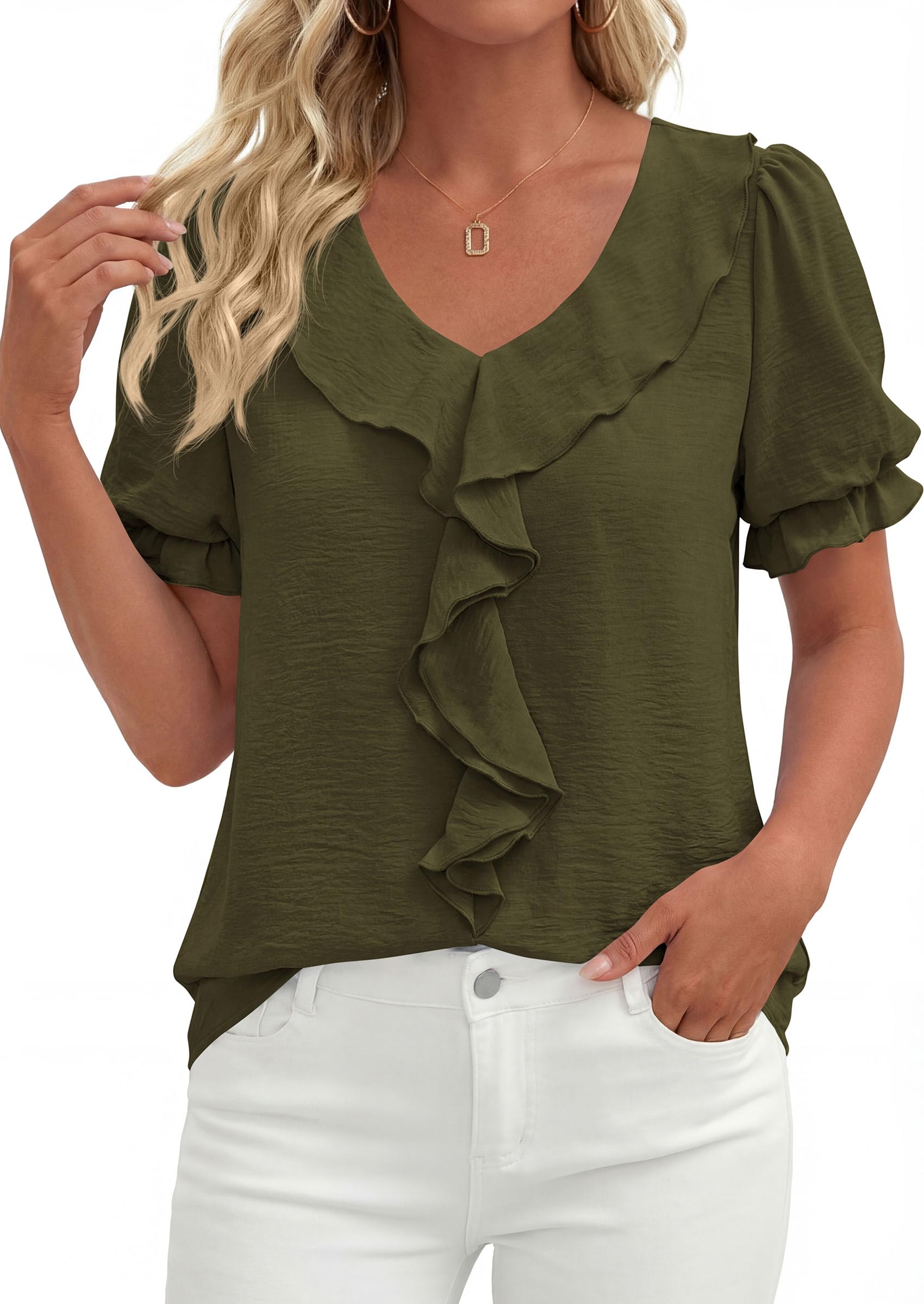 Women's Summer Ruffle Dressy Casual Blouses (Army Green,S)
