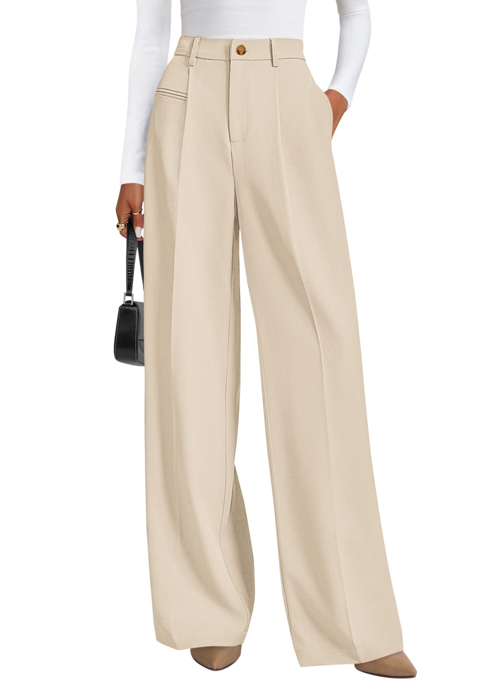 Women's Tailored Wide Leg Work Dress Pants,Beige,L