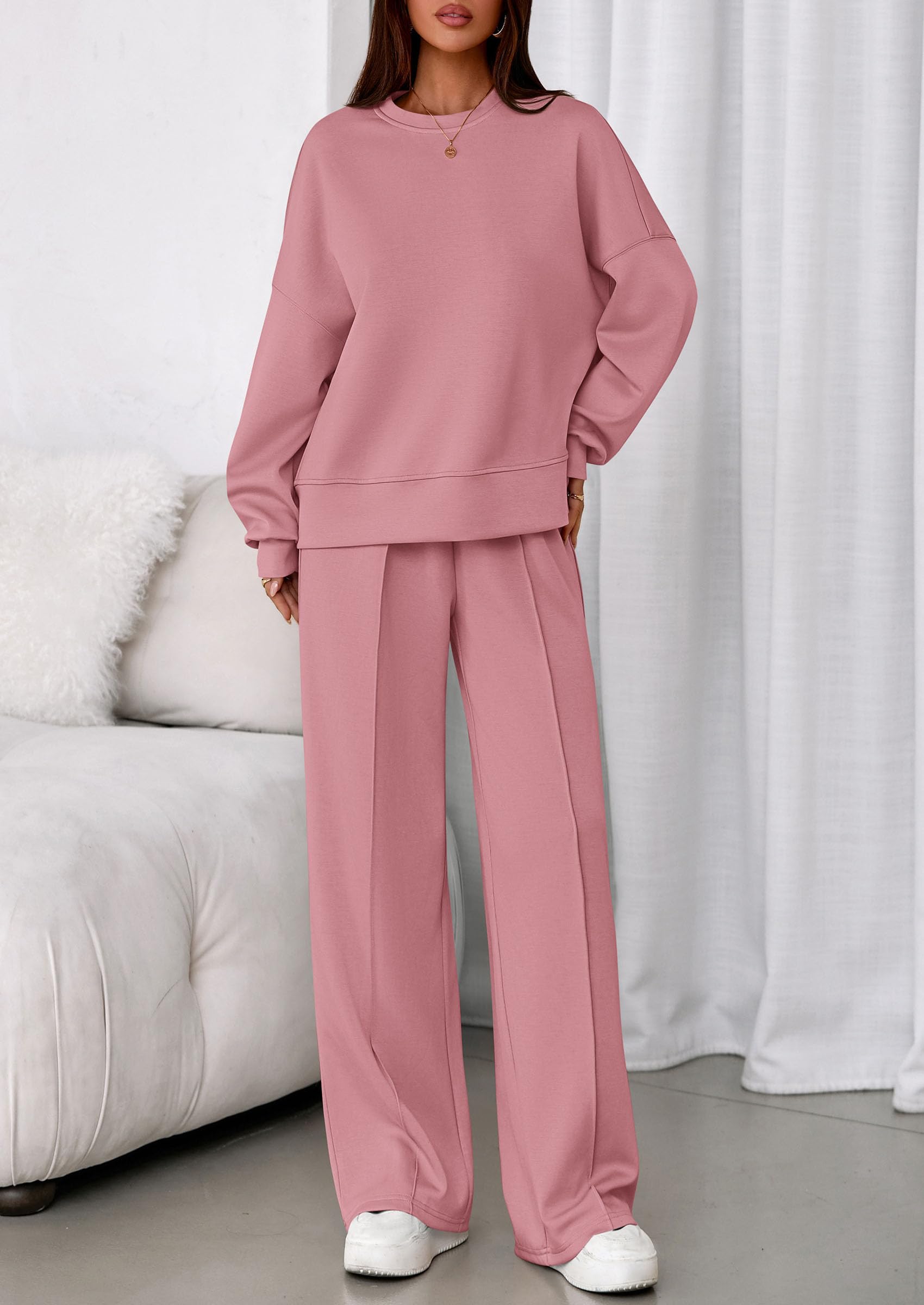 Womens Long Sleeve Sweatshirt 2 Piece Sets,Pink,S