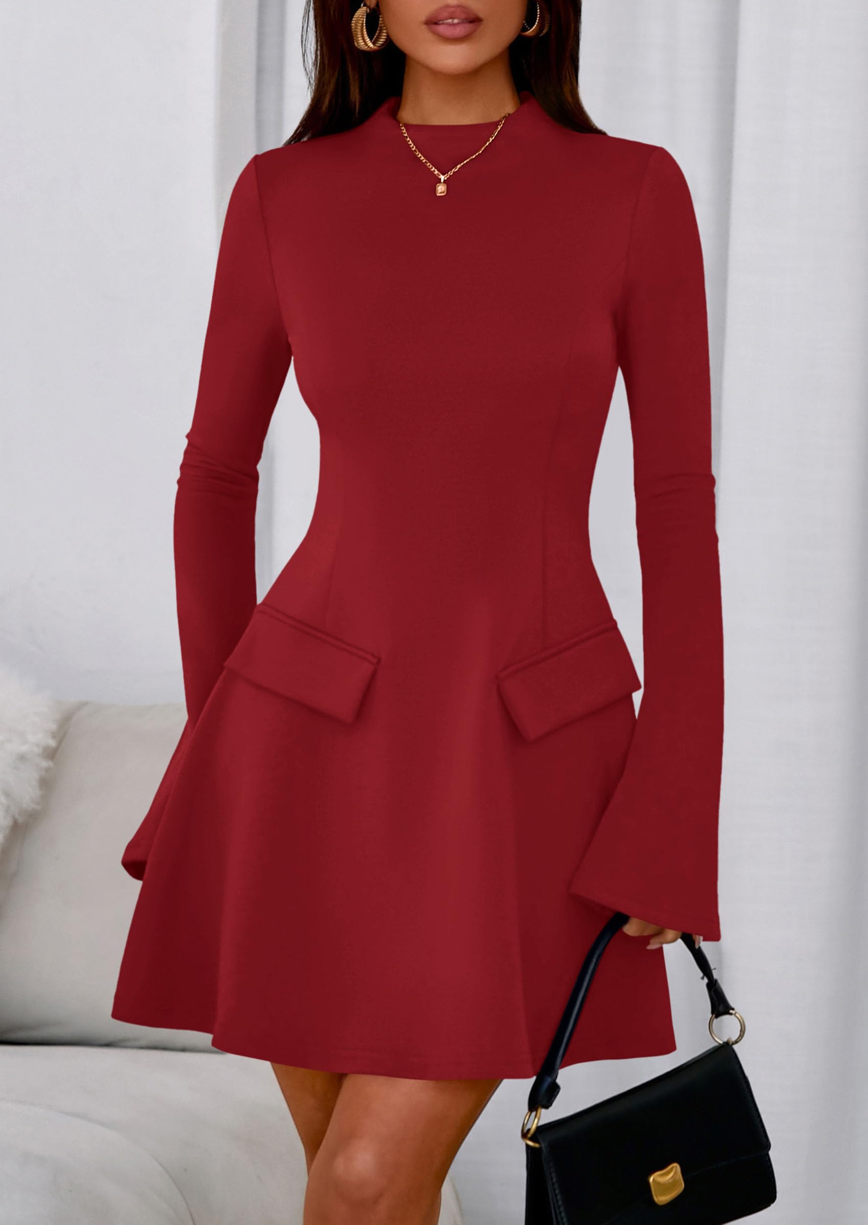 Women's Fall Bell Sleeve Short Dress,Red,XS