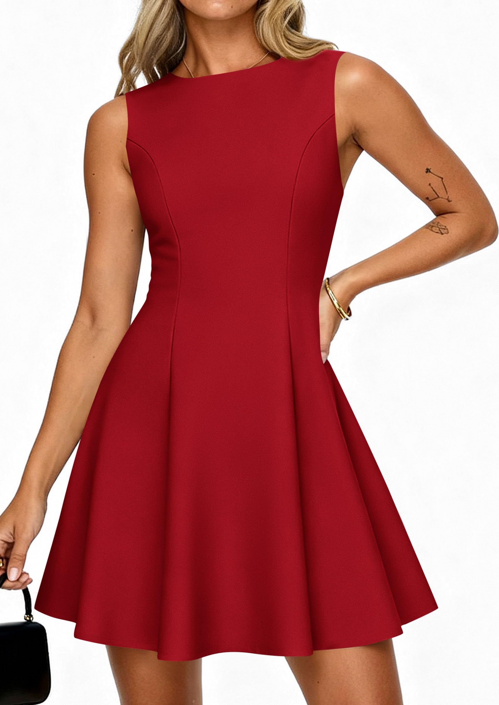 Women's Formal Boat Neck A Line Mini Dress,Red,XS