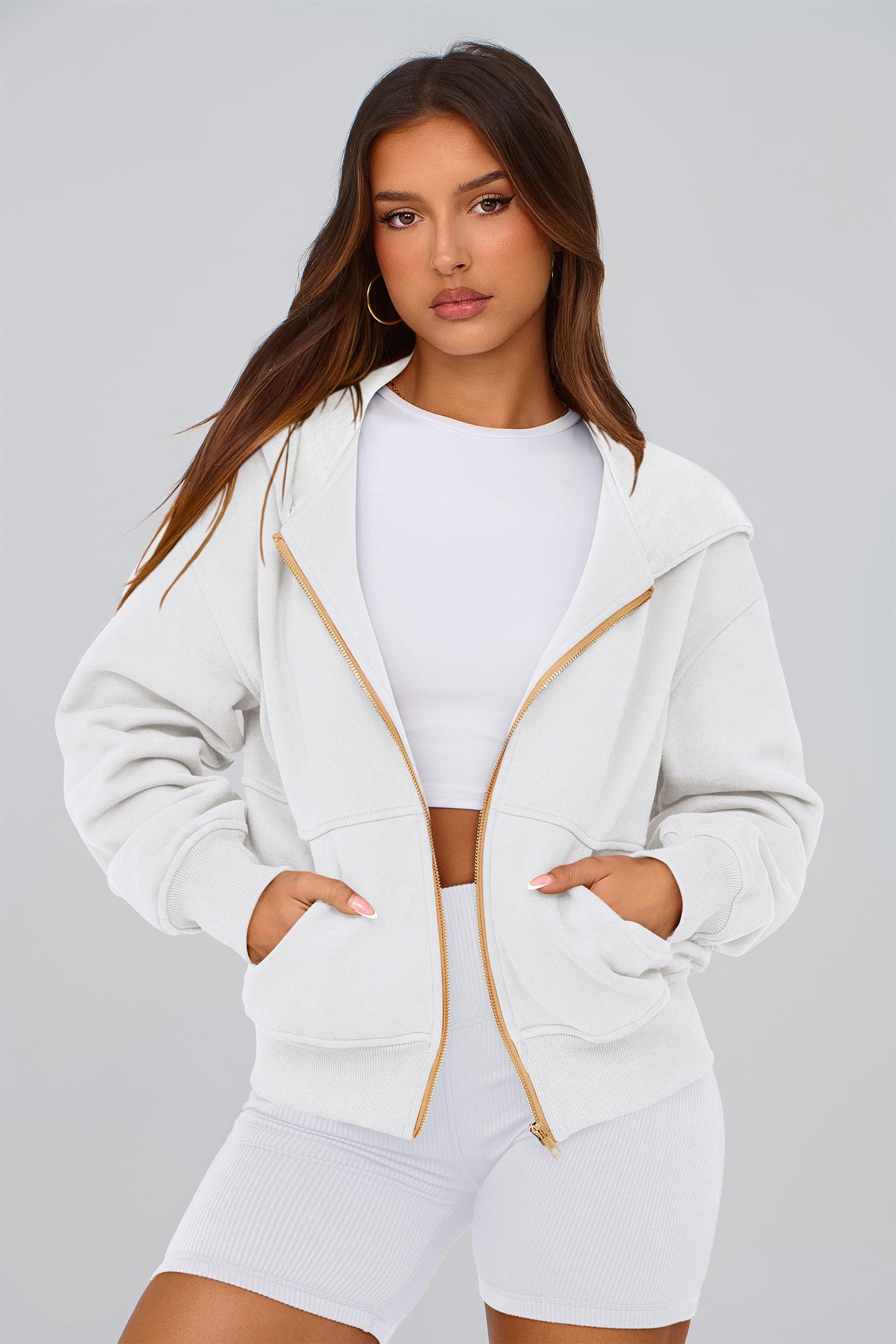 Hoodies for Women Fall Fashion Zip Up Fleece Plain Sweatshirt