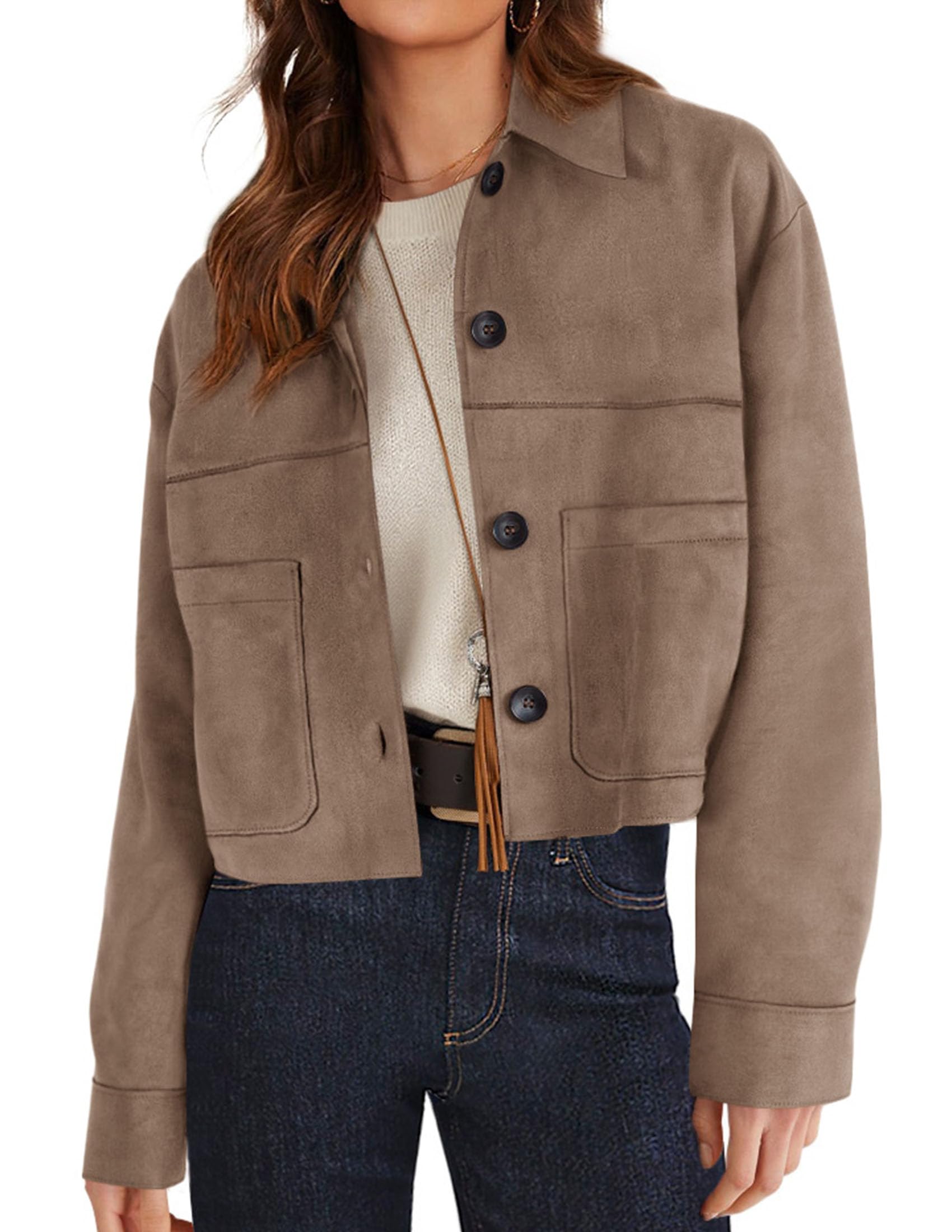 Women's Faux Suede Shacket Jackets Lightweight Cropped Coats